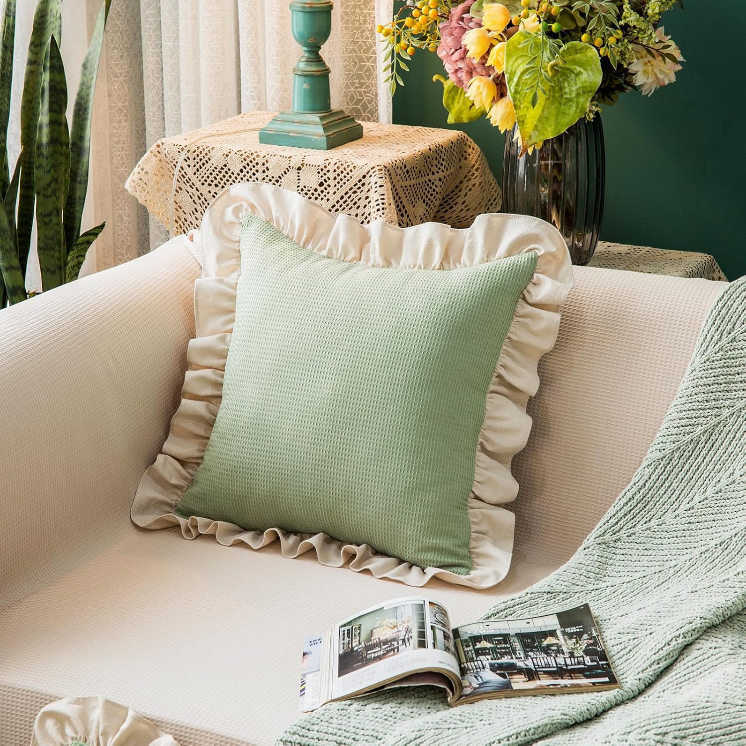 Waffle Weave Textured Throw Pillow Covers Set of 2 with Washed Cotton Retro Ruffle Flounces Trim Solid Decorative Pillow Cases for Home Livingroom and Bedroom Decor 18x18 Inch Pea Green - Image 9