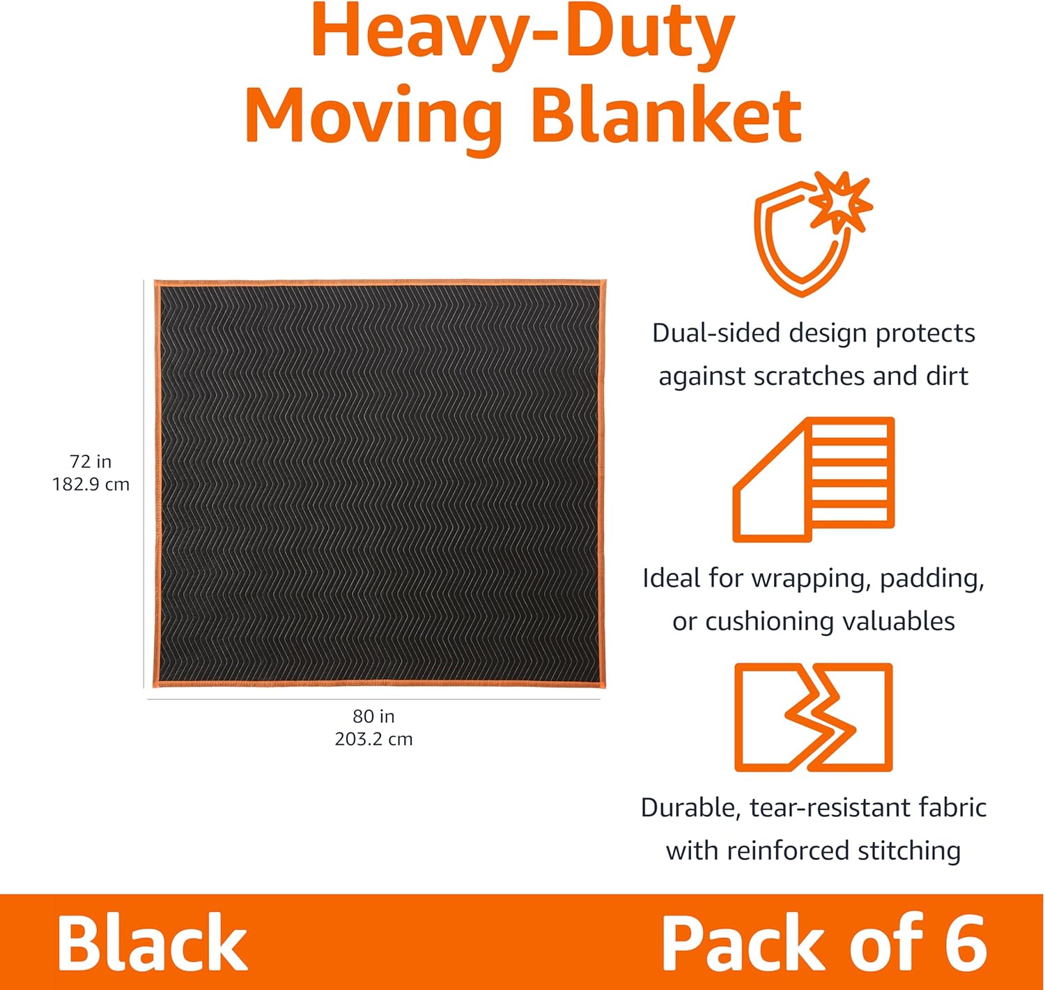 Amazon Basics Moving Blankets, 72" x 80", Pack of 6, Black 72-Inch by 80-Inch