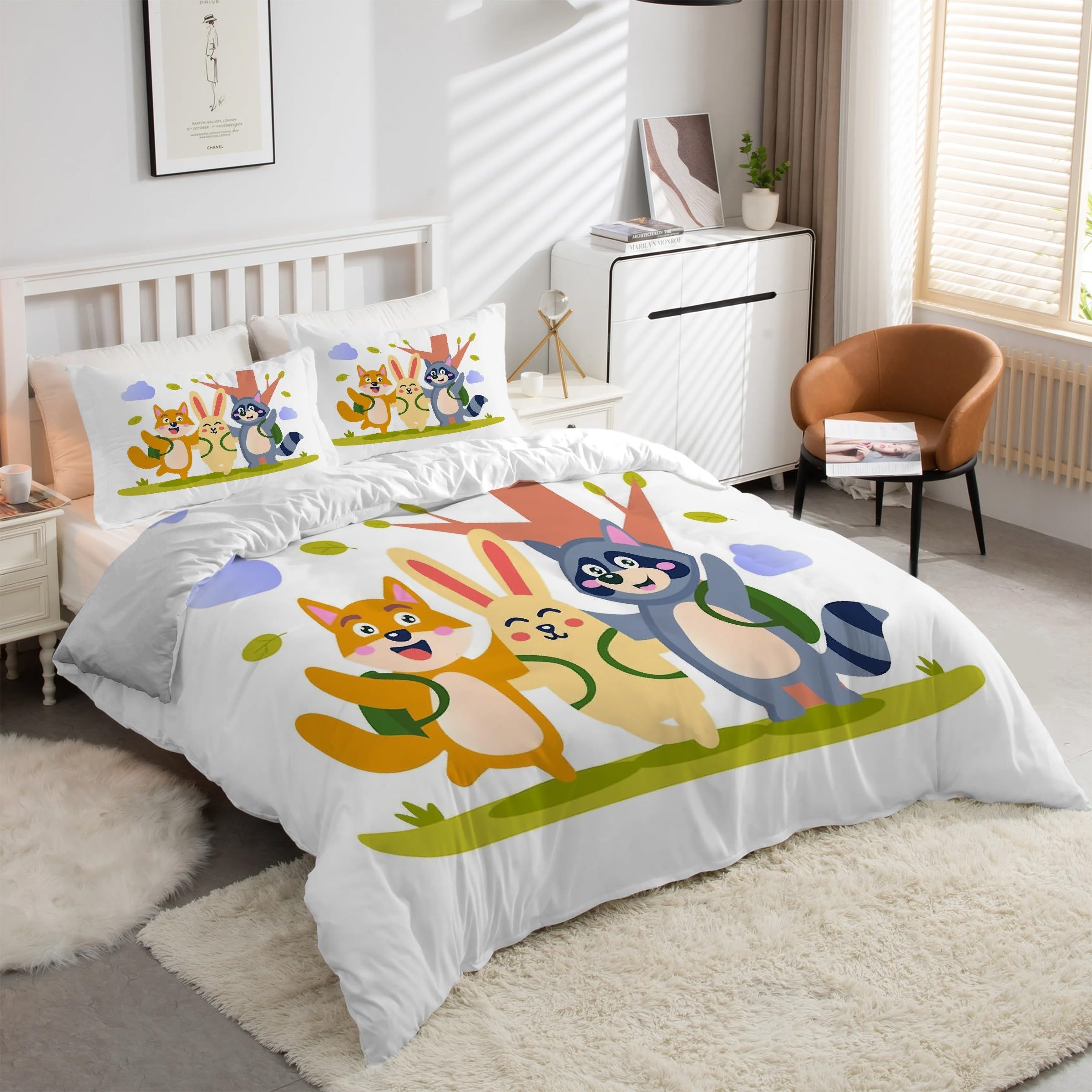 Housse de couette 220x240 renard lapin anti-plis et facile à laver en microfibre douce
