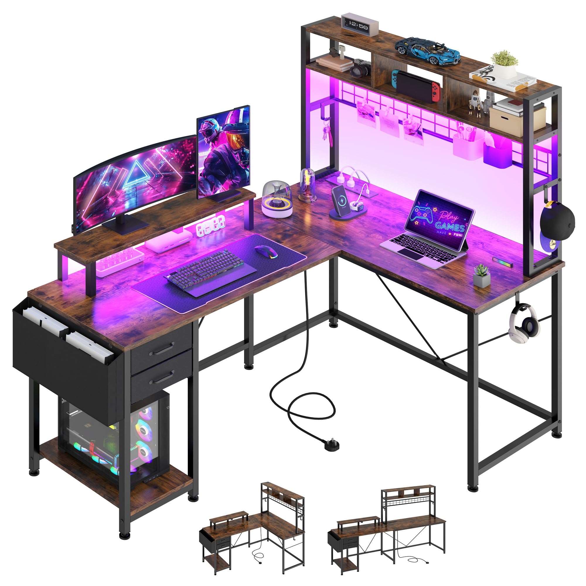 YITAHOME L Shaped 150cm Gaming Desk with Drawers Shelves LED Power Vintage