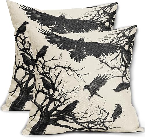 Juego de 2 fundas de almohada de Halloween de 18 x 18 pulgadas, diseño de ramas de árbol de cuervo, color negro, para Halloween, exteriores,