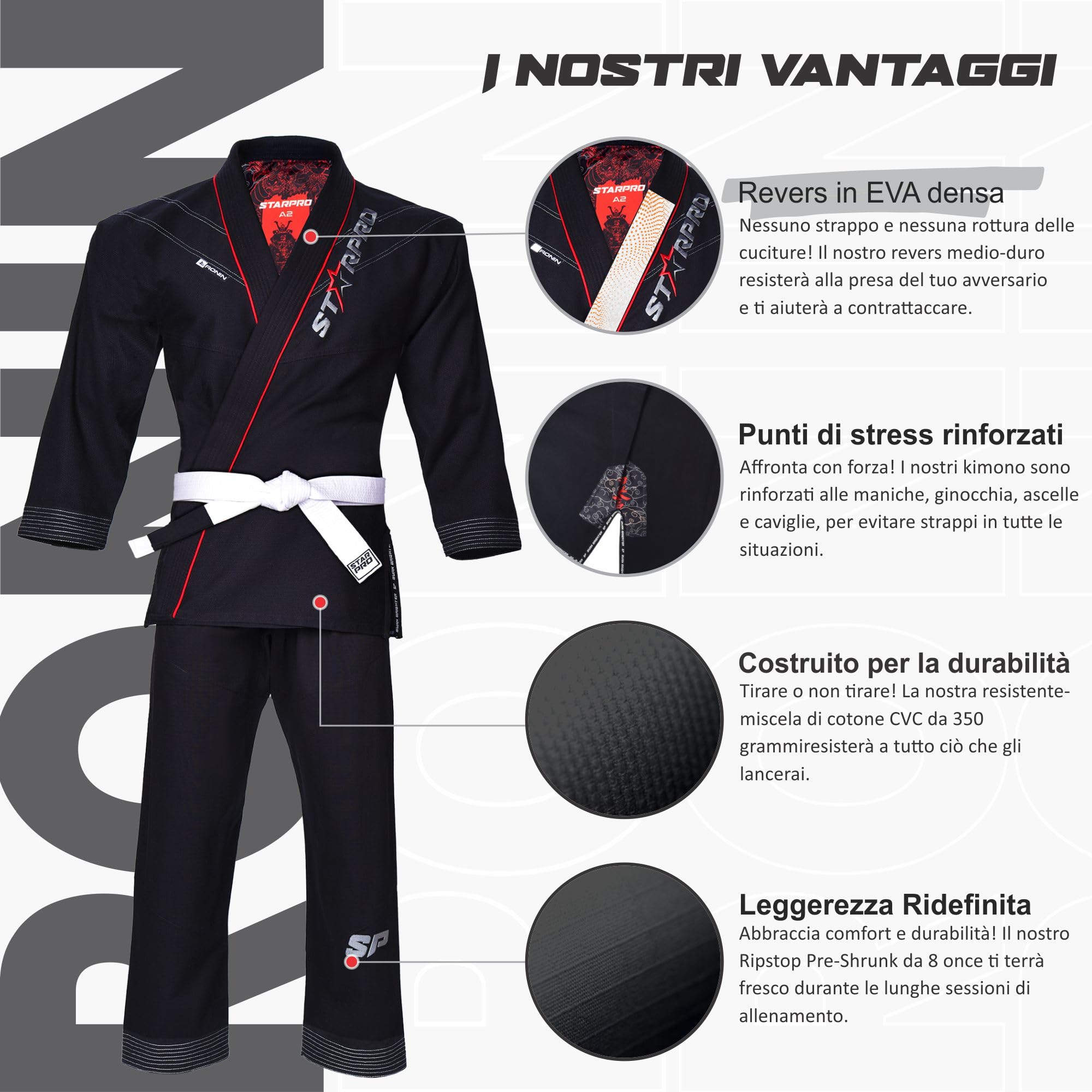 Starpro Ronin Preshrunk Premium Jiu Jitsu, BJJ Gi Molte Dimensioni e Colori Gi Jujitsu, Gi BJJ Leggero, Gi Jiu Jitsu, Gi Juijitsu, Gi BJJ, Gi BJJ Uomini