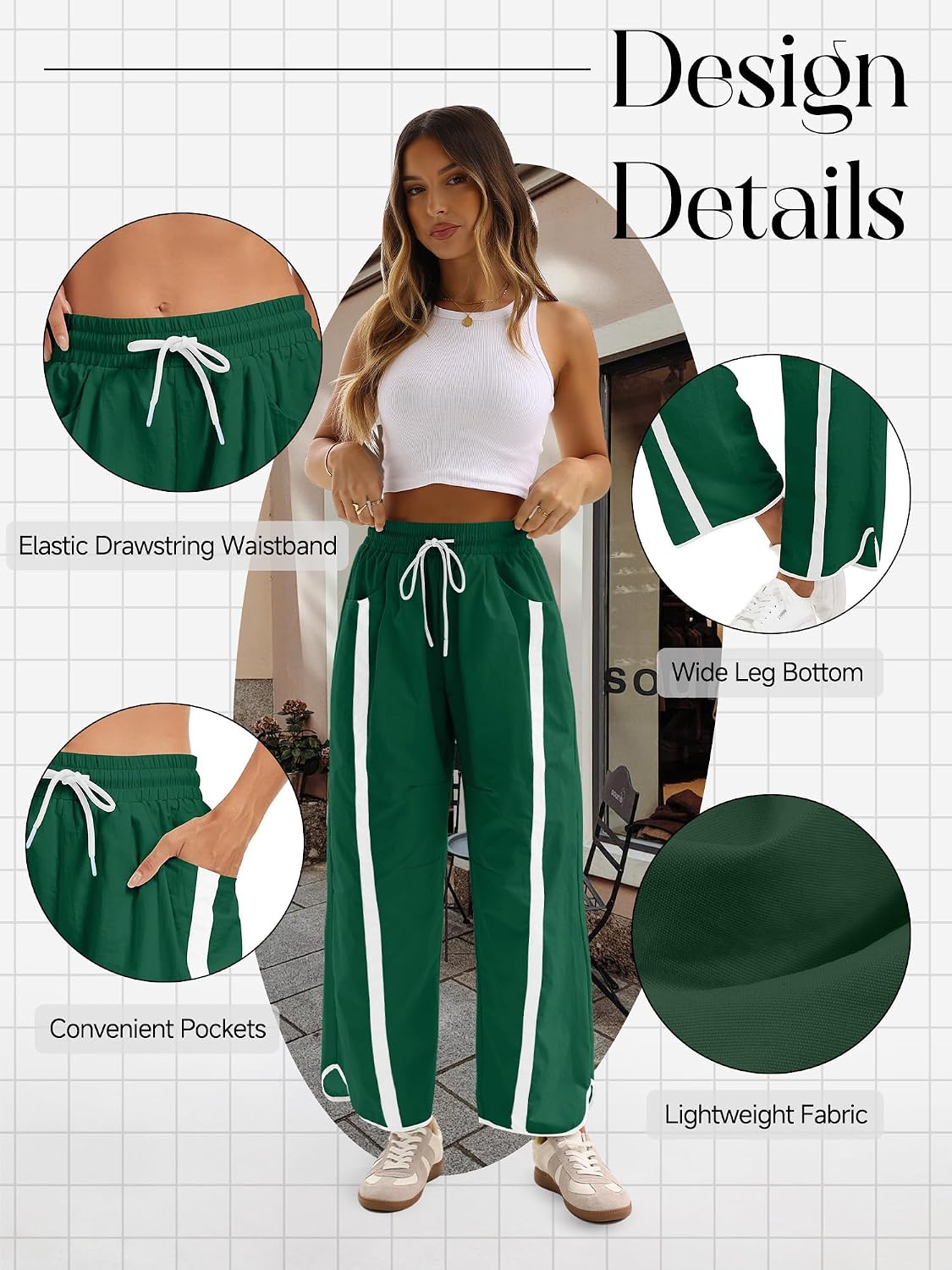 Women's Wide Leg Track Pants Baggy Drawstring High Rise Side Striped Casual Lightweight Parachute Pants with Pockets