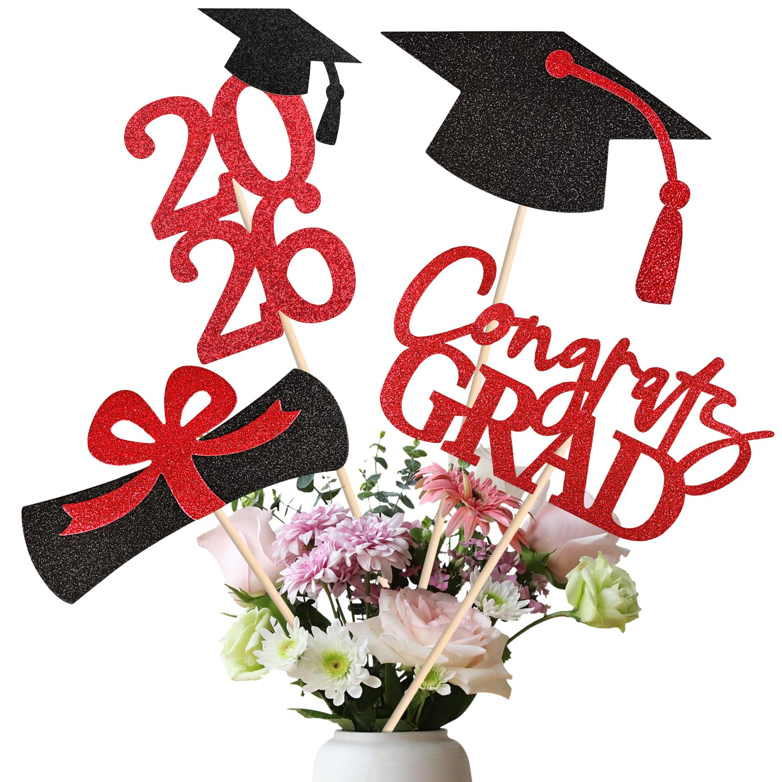 Photo 1 of 20 PCS Graduation Decorations Class of 2026, Black and Red Double-Sided Centerpieces, Grad Cap Sticks, Table Toppers, Graduation Party Decorations