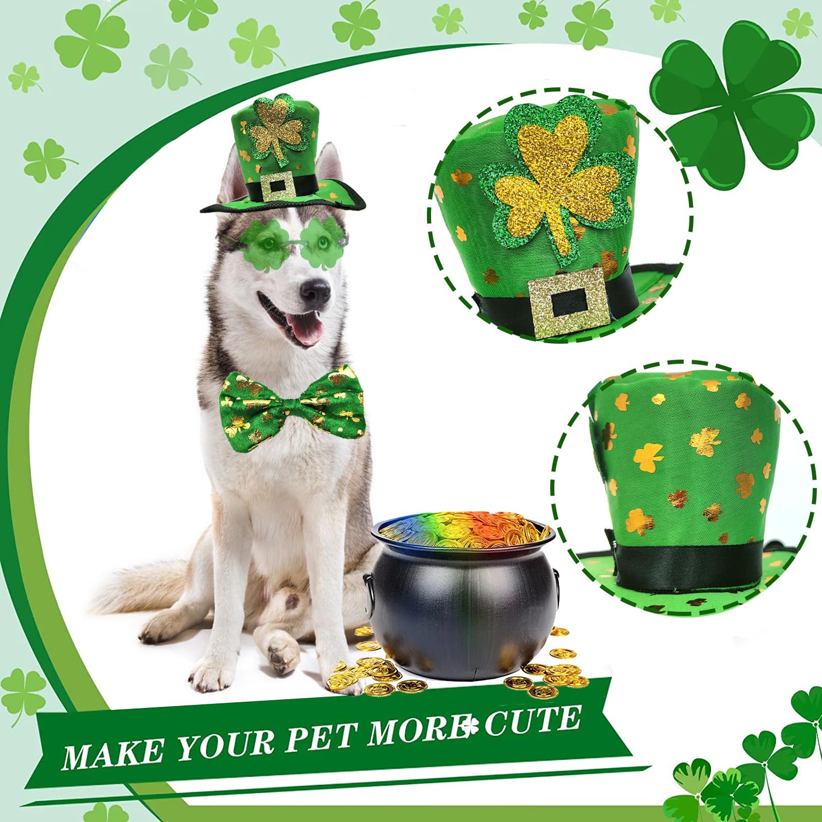 St. Patrick's Day Hundekostüm – 3-teilig Mit Koboldhut, Fliege & Kleeblatt-Brille Für Große Hunde