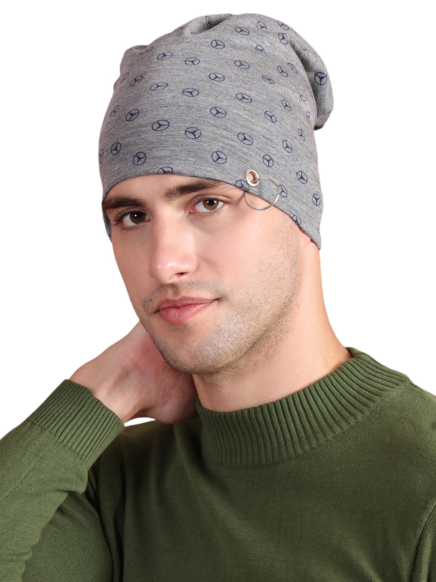 Grey Printed Cotton Blended Free Size Beanie Cap for Men-Ring_Cap_PRT-NO.4-MLG_01