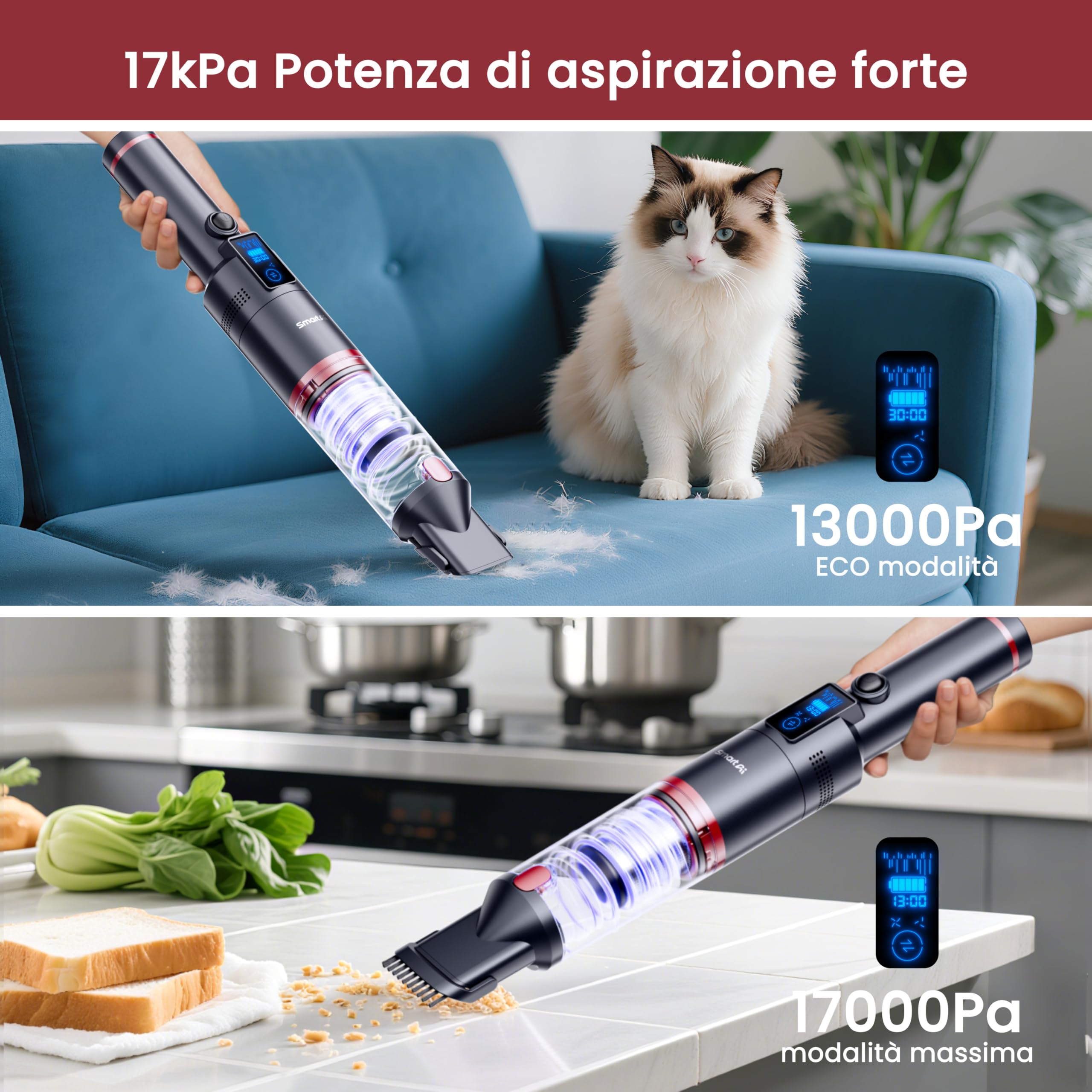 Aspirapolvere a mano, 17000 Pa, mini LED senza fili, batteria a batteria, 30 minuti, leggero, per auto, casa, camper, peli di animali, con supporto di ricarica, carica di tipo C, scatola di