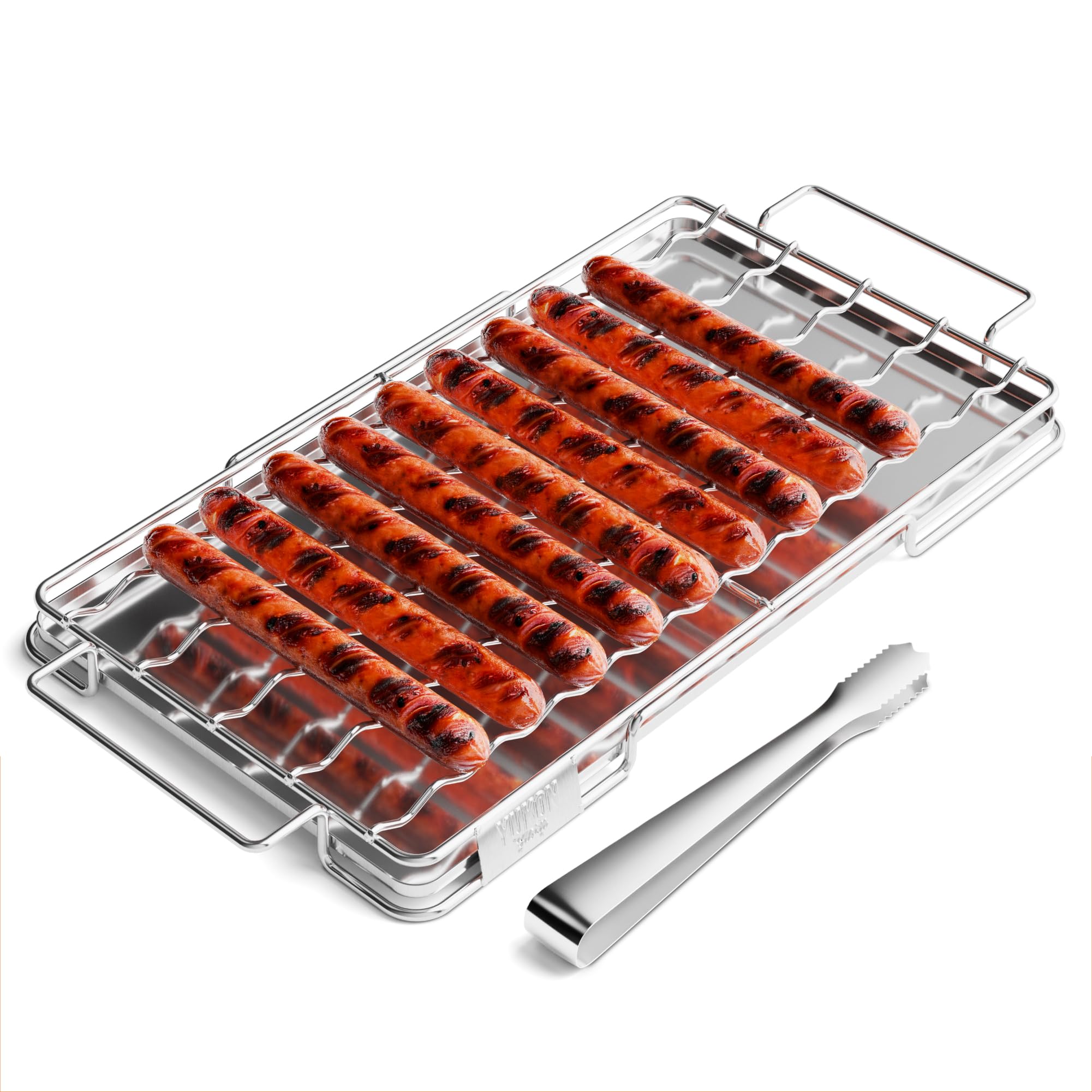Yukon GloryHot Dog Tray | Heavy Duty Stainless Steel Serving Tray | Hotdog Holder | BBQ Tray - Dishwasher Safe | Grill Serving Tray with Tongs | BBQ Serving Tray | Meat Tray for Hotdogs & Sausages