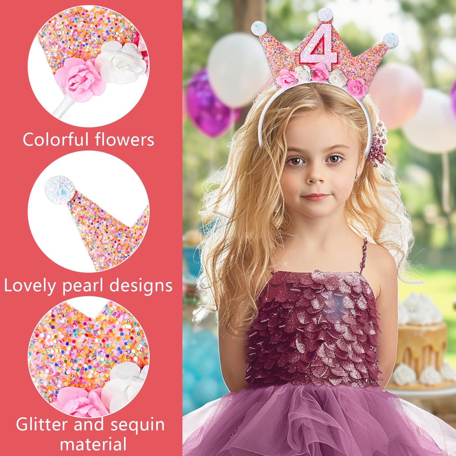 Abeillo Geburtstagskrone,Mädchen Prinzessin Krone Geburtstag,Geburtstag Krone Stirnband mit Rose Blumen, Geburtstagskrone Mädchen,Baby Geburtstag Partyhüte Party Deko