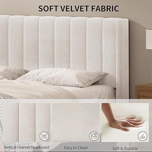 Miniatura 6 de QNZK Base de cama tapizada con cabecero y listones de madera fuertes, no necesita somier, pie de madera silencioso fácil de montar (crema, Queen)