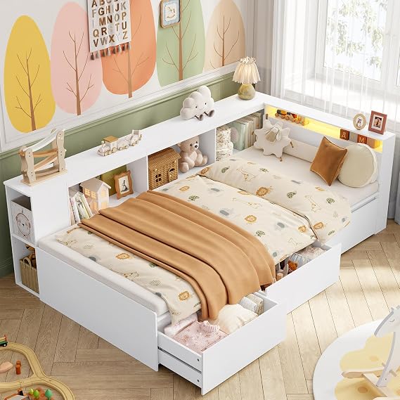 FOREHILL Lit Enfant Multifonction avec Tête de Lit Lumineuse LED et Tiroirs (90 x 200 cm)
