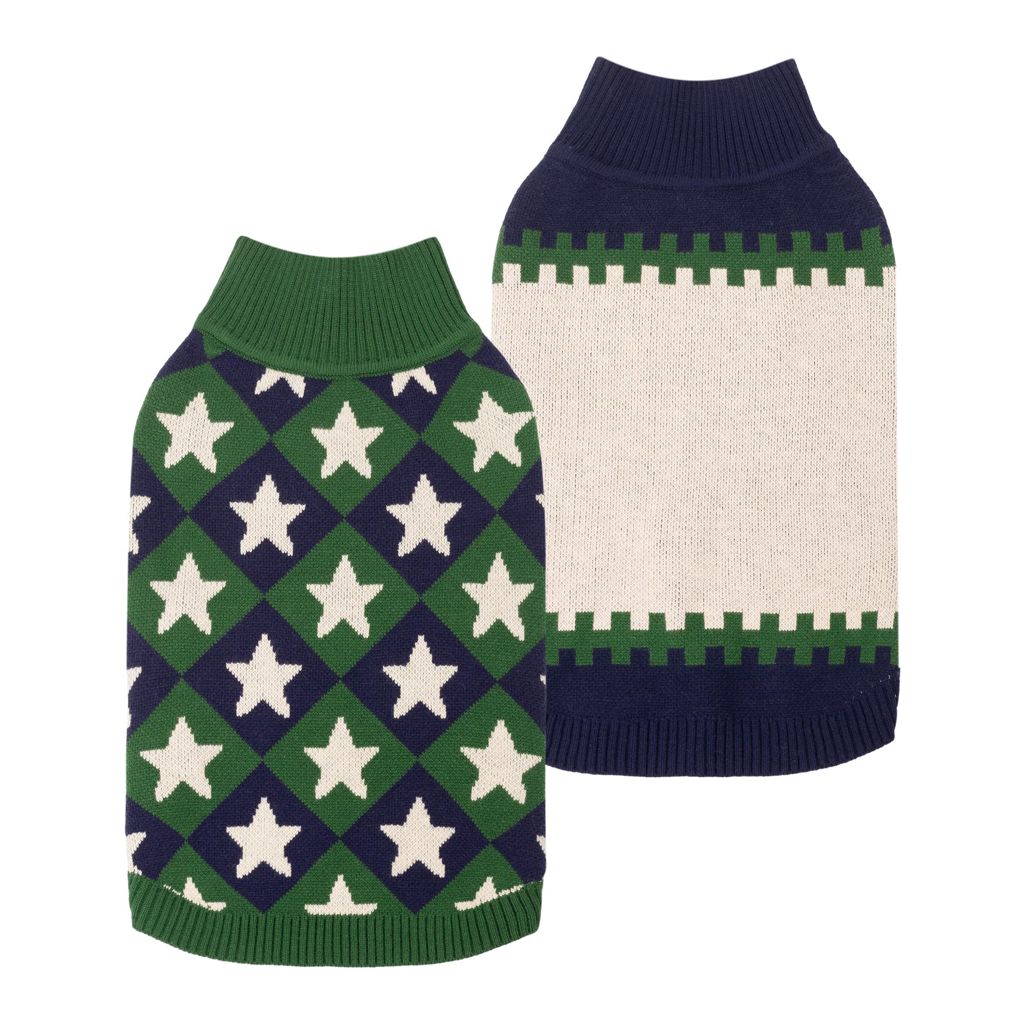 Fitwarm 2 Pack Star &amp; Color Block Dog Jacquard Sweater, Cozy Dog Winter Clothes for Small Dogs Boy Girl, Soft Pet Apparel, Green, Navy, White, XXL