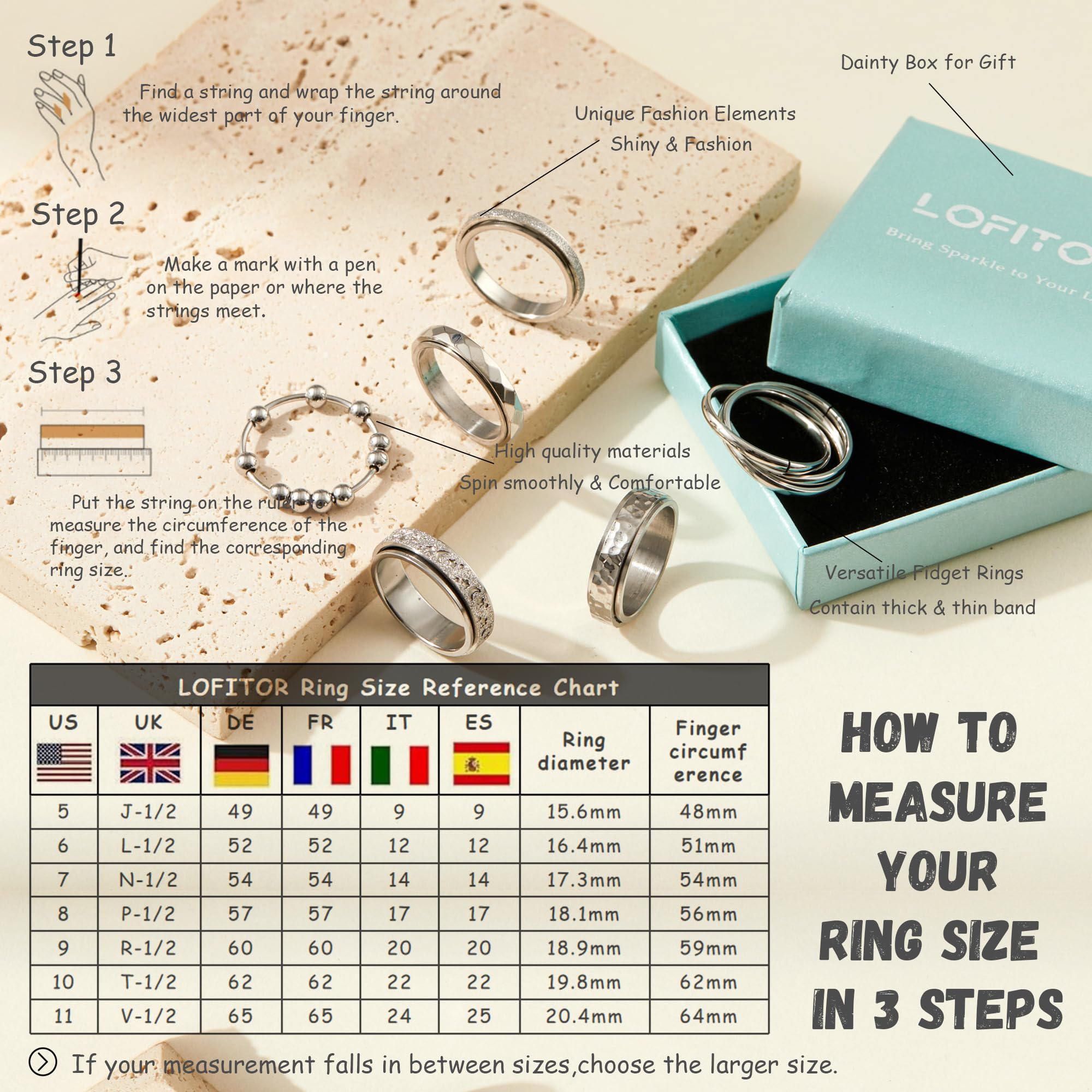 LOFITOR Fidget Rings for Anxiety 6pcs Stainless Steel Spinner Ring Anti Anxiety Ring Spinning Moon Star Cool Stress Relieveing CZ Rings for Women Men Band Rings Set Elegant Silver - Image 4