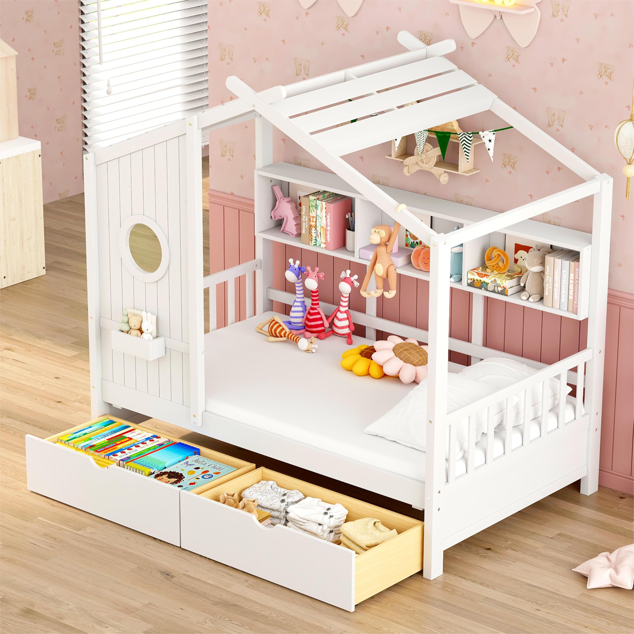 Modern Twin Size House Bed with Roof and Window, Wooden Daybed Frame with Shelves and 2 Drawers,Bedroom Furniture for Girls &amp; Boys (White+2 Drawers/)