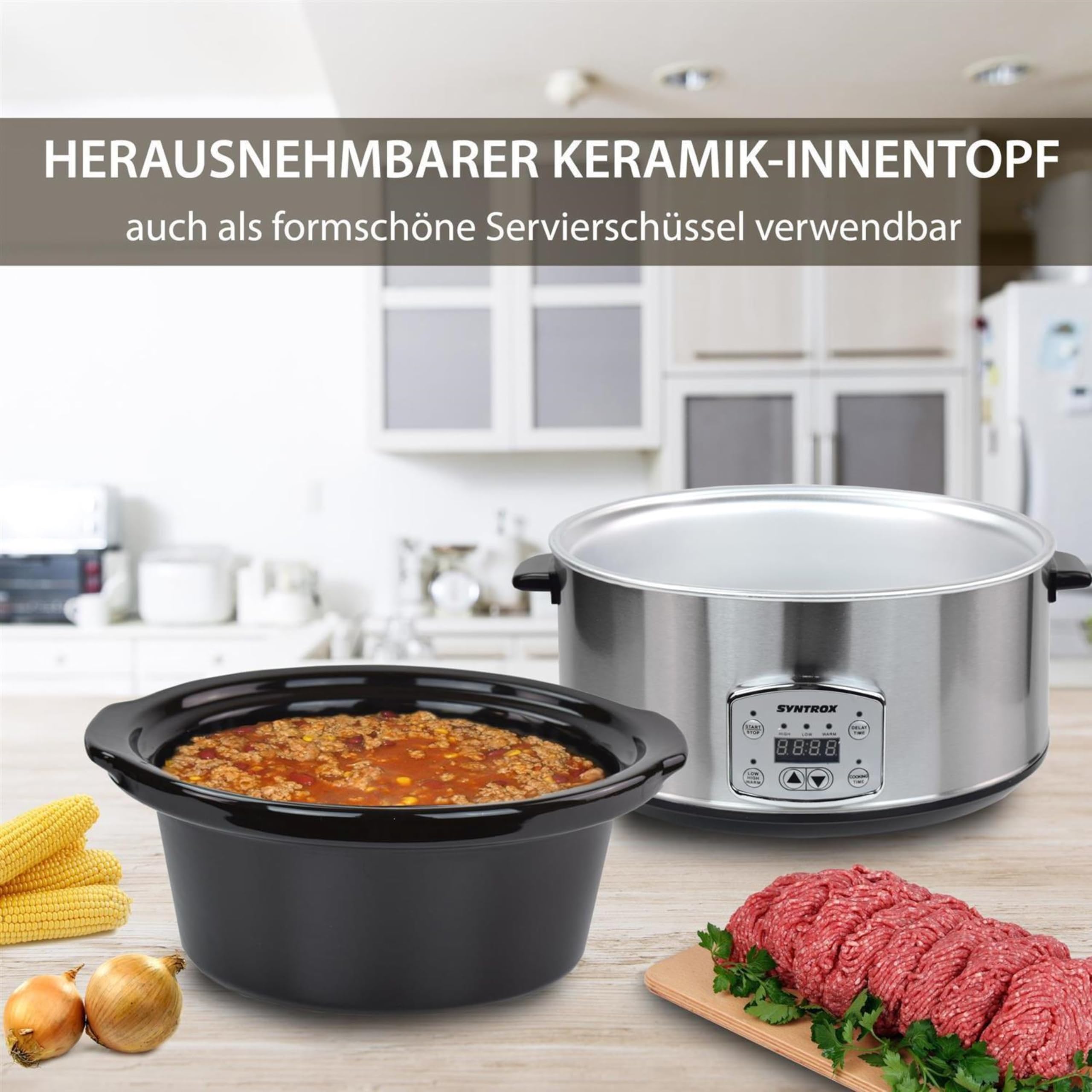 Syntrox Germany 6,5 l Slow Cooker | Schmortopf | Schongarer | Multikocher Solier, Spülmaschinengeeignet, mit Glasdeckel, Küchengerät, 320 Watt, Gesunde Küche