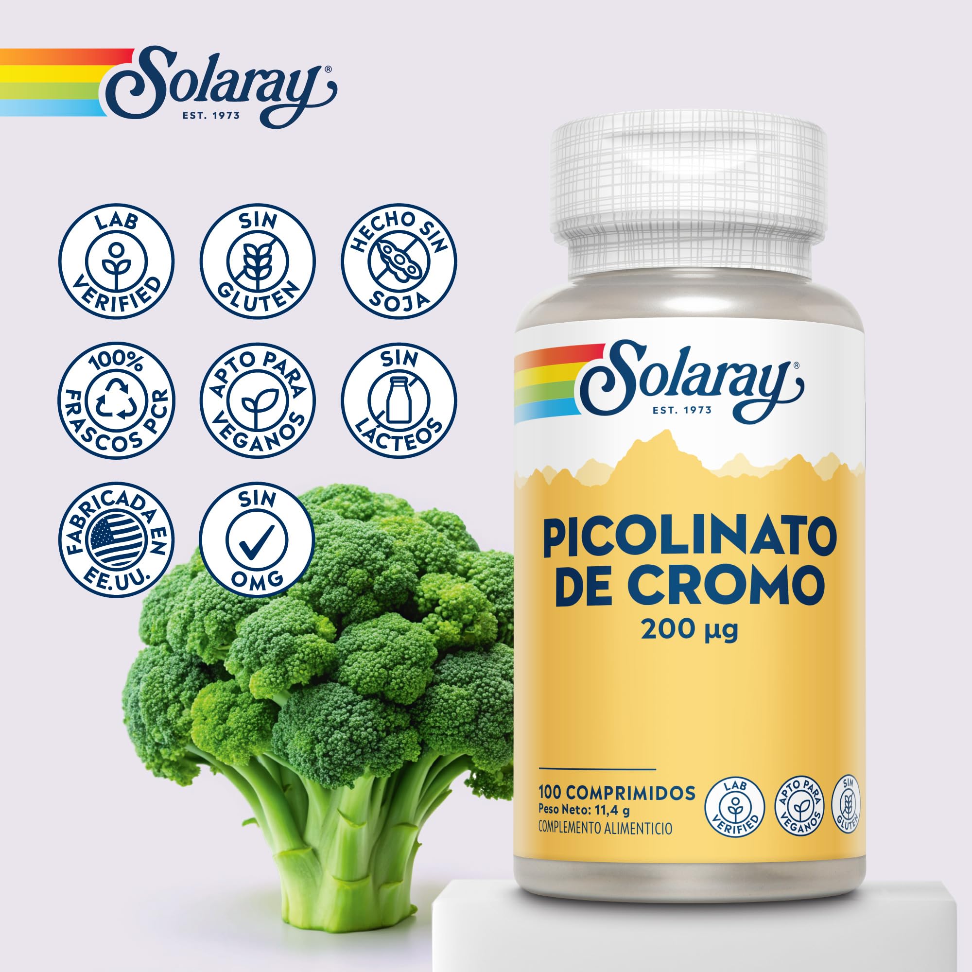 Picolinato de cromo de 200 mcg, 100 cápsulas veganas, suplemento de cromo de alta tasa de absorción, verificado en laboratorio Solaray