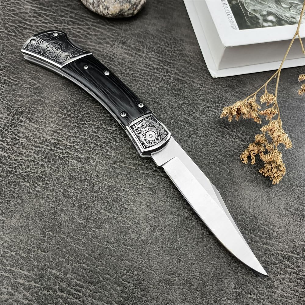 HUAAO Manually Operated Button-Lock Knife Folding Knife，D2 Steel Blade，Micarta Handle with Leather Sheath，EDC Camping Pocket Knives for Men (black)