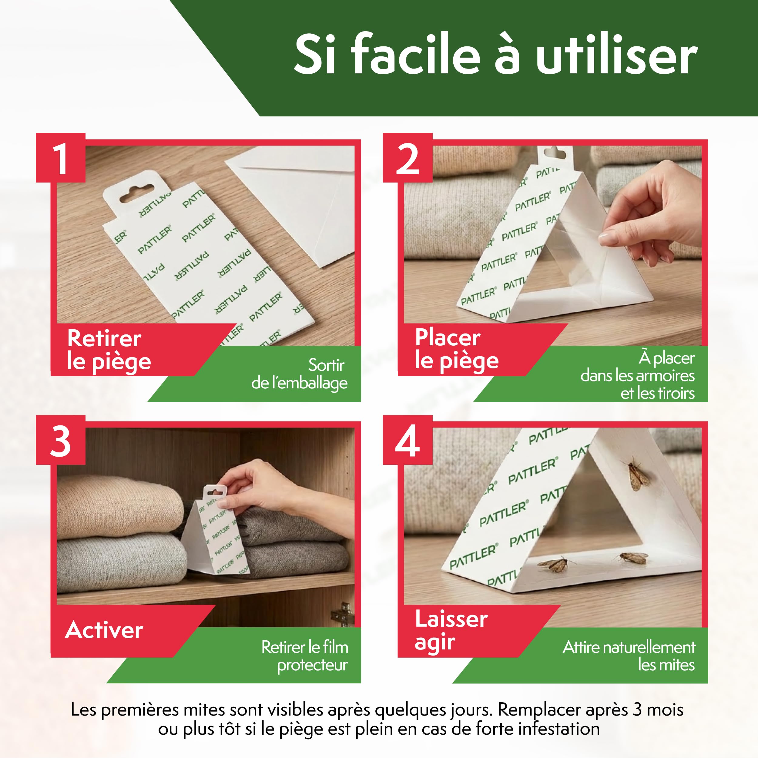 PATTLER Anti Mites Textiles avec Phéromones - 8 Pièces. Protection Anti Mites Vetements pour Armoire Vetement et Penderie, Pièges Adhésifs pour la Détection et Le Contrôle des Mites Textiles.