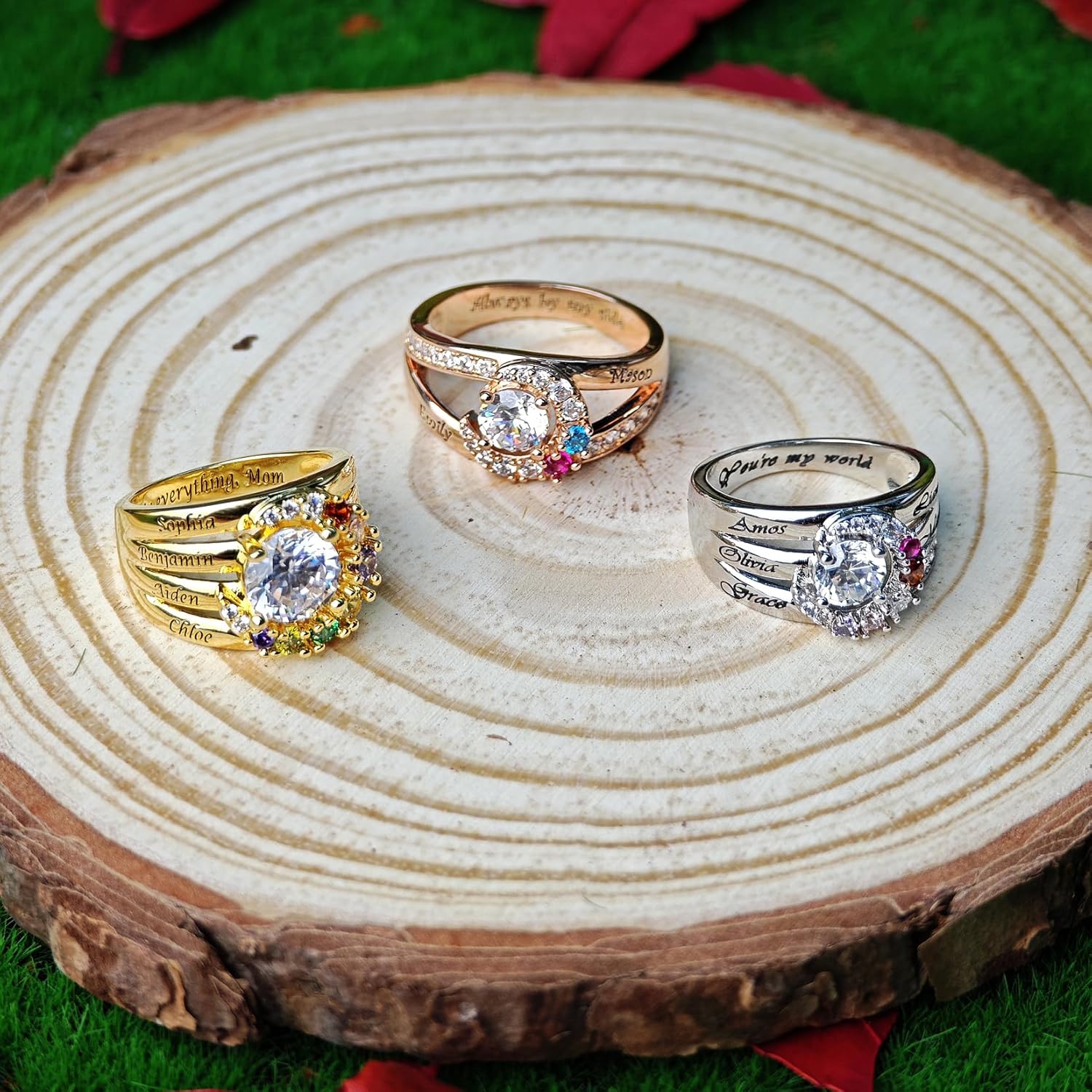 SYP S925 Sterling Silver Personalized Mothers Birthstone Ring with 1-8 Names for Women Wife Mom Gift Custom Family Moon Ring for Mothers Day Christmas Birthday