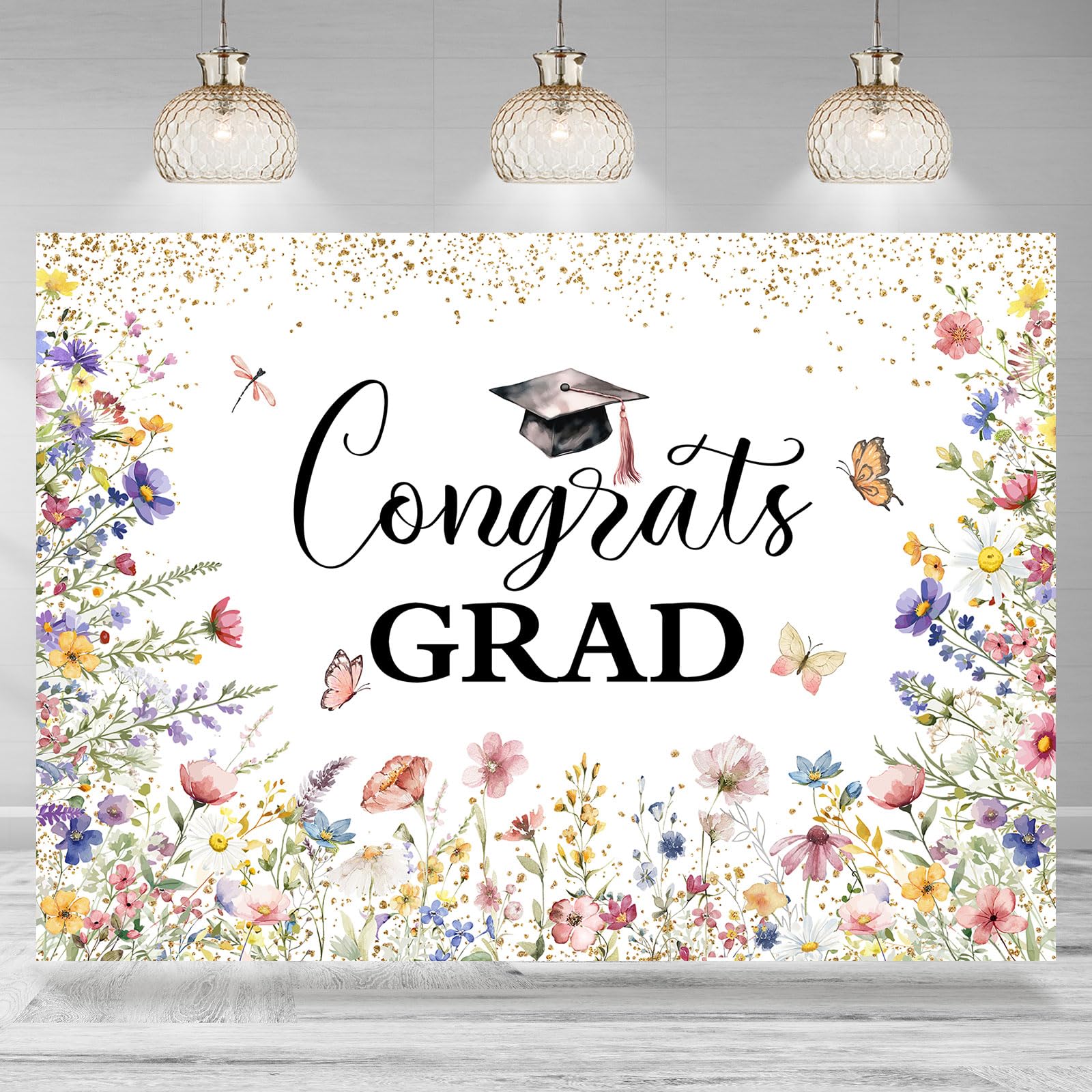 Rsuuinu Congrats Grad Photography Backdrop Floral Gloden Dots Congratulations Grad Class of 2024 Graduation Background Congrats Grad Party Decor