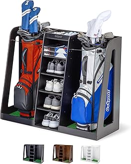 GoSports Premium Wooden Golf Bag Organizer and Storage Rack - Black, White or Brown Finish - Holds 2 Golf Bags