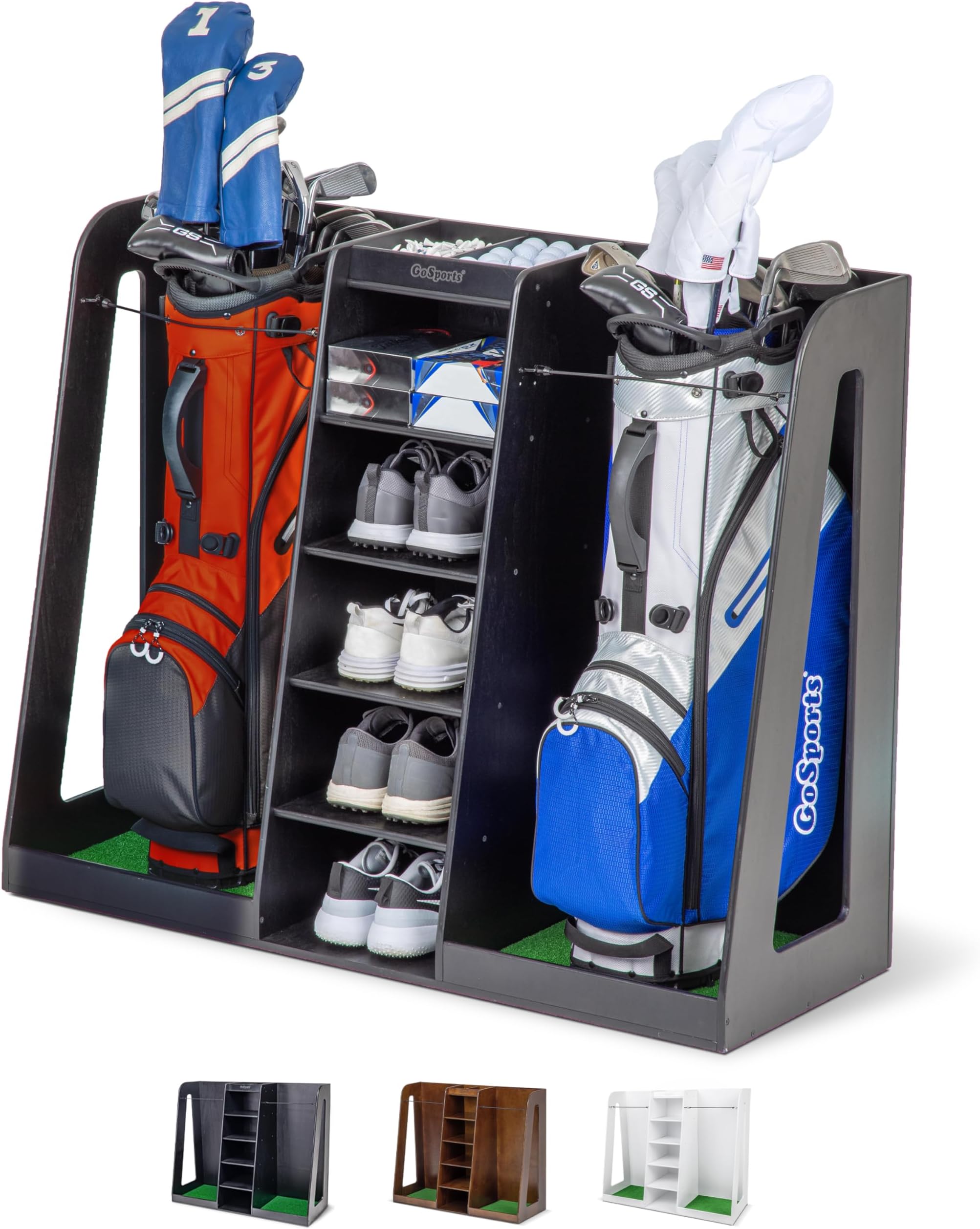 Premium Wooden Golf Bag Organizer and Storage Rack - Black, White or Brown Finish - Holds 2 Golf Bags
