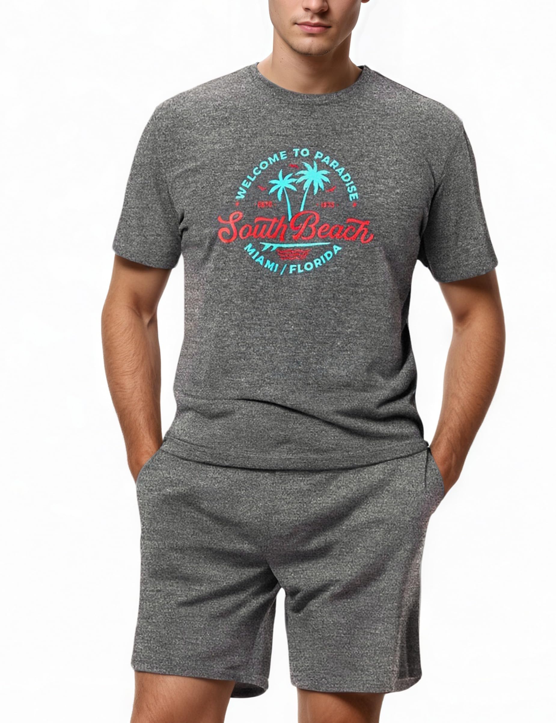 Bresdk Schlafanzug Herren Kurz Baumwolle Shorty Pyjama mit Print Shirt | Bedrucktes Kurzarm-Shirt mit klassischem Rundhalsausschnitt und Urlaubs-Print für einen lässig-modernen Look