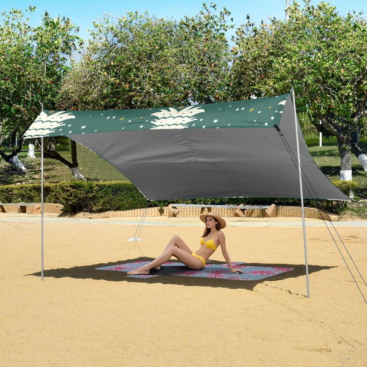 ALAZA Christmas Tree Snow Beach Tent Sun Shelter UPF50+ Protection Beach Shade Canopy w/ 4 Sandbags for Outdoor Camping, Fishing, Backyard Fun, Picnic, 10x9 ft