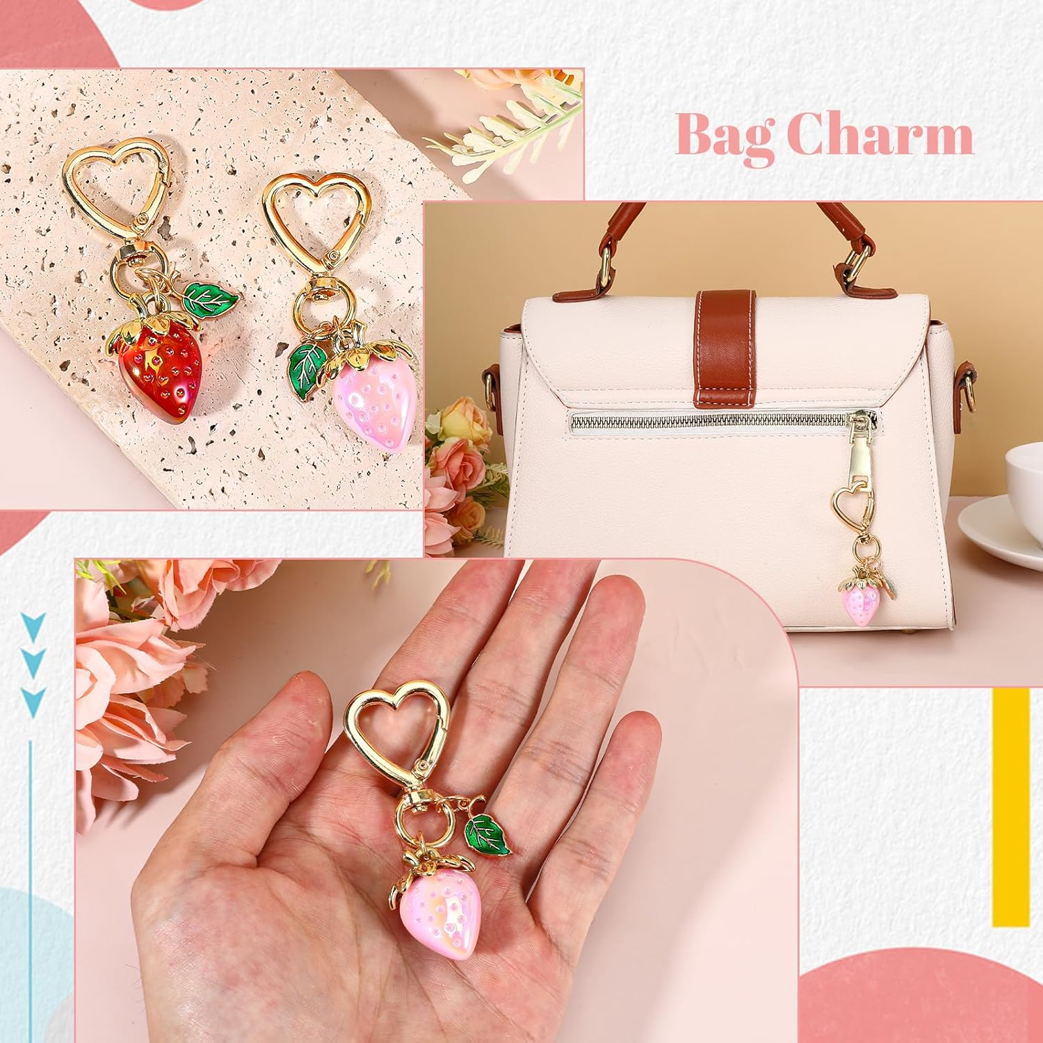 2 Pcs Cute Strawberry Keychain, Bag Key Chain Purse Flower Charm for Women, Adorable Strawberry Purse Keyrings Accessories Strawberries Decor for Handbags, Backpacks, Car Keys, Gift (Red, Pink) - Image 5