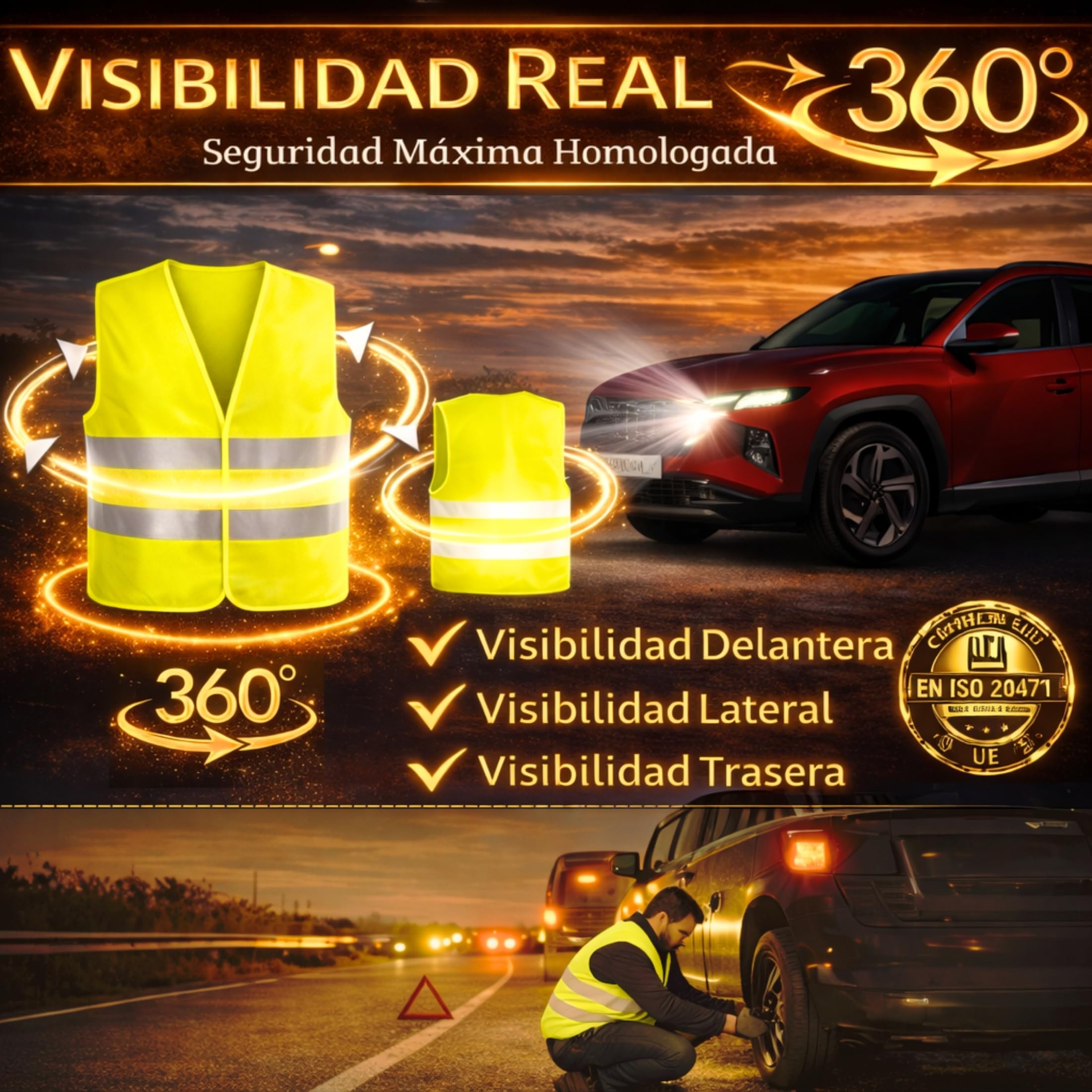LiveLaif Pack 2 Chaleco Reflectante Homologado DGT ISO 20471 + 2 Fundas Grandes | Chaleco Trabajo Alta Visibilidad Amarillo | para Coche, Moto, Obra y Emergencias | Talla Única Unisex — view 4