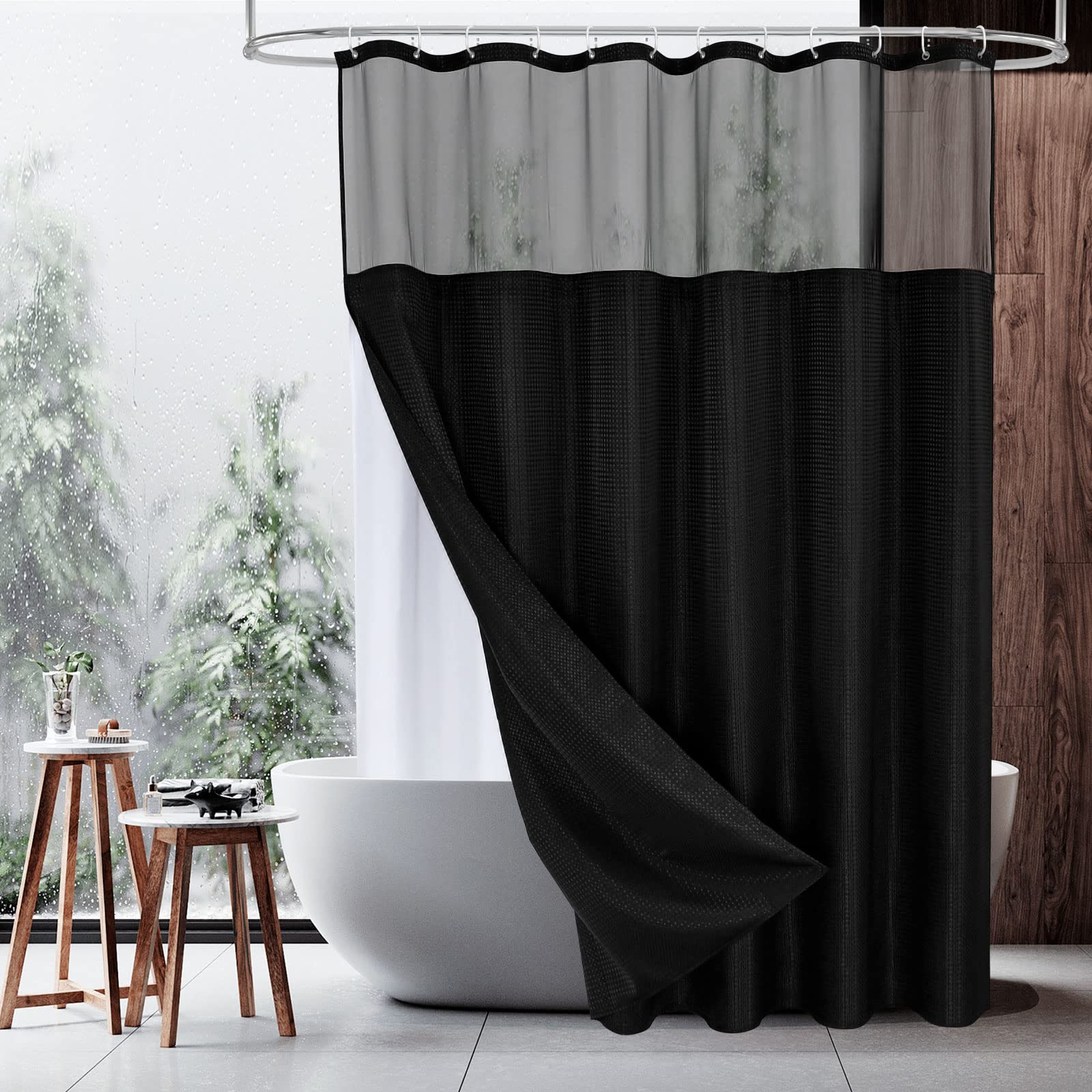 MitoVilla Duschvorhang-Set Aus Waffelstoff Mit Snap-In-Futter – 183x183 Cm, Wasserdicht & Elegant In Schwarz