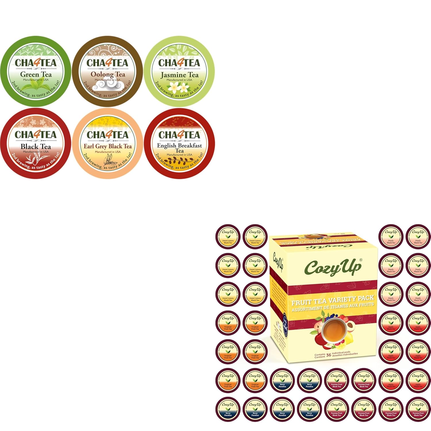 Cha4Tea Assorted Tea + Cozy Up Assorted Iced Sweet Fruit Black Tea Compatible with Keurig K-Cup Brewer, 10 Flavors, 72 Pods