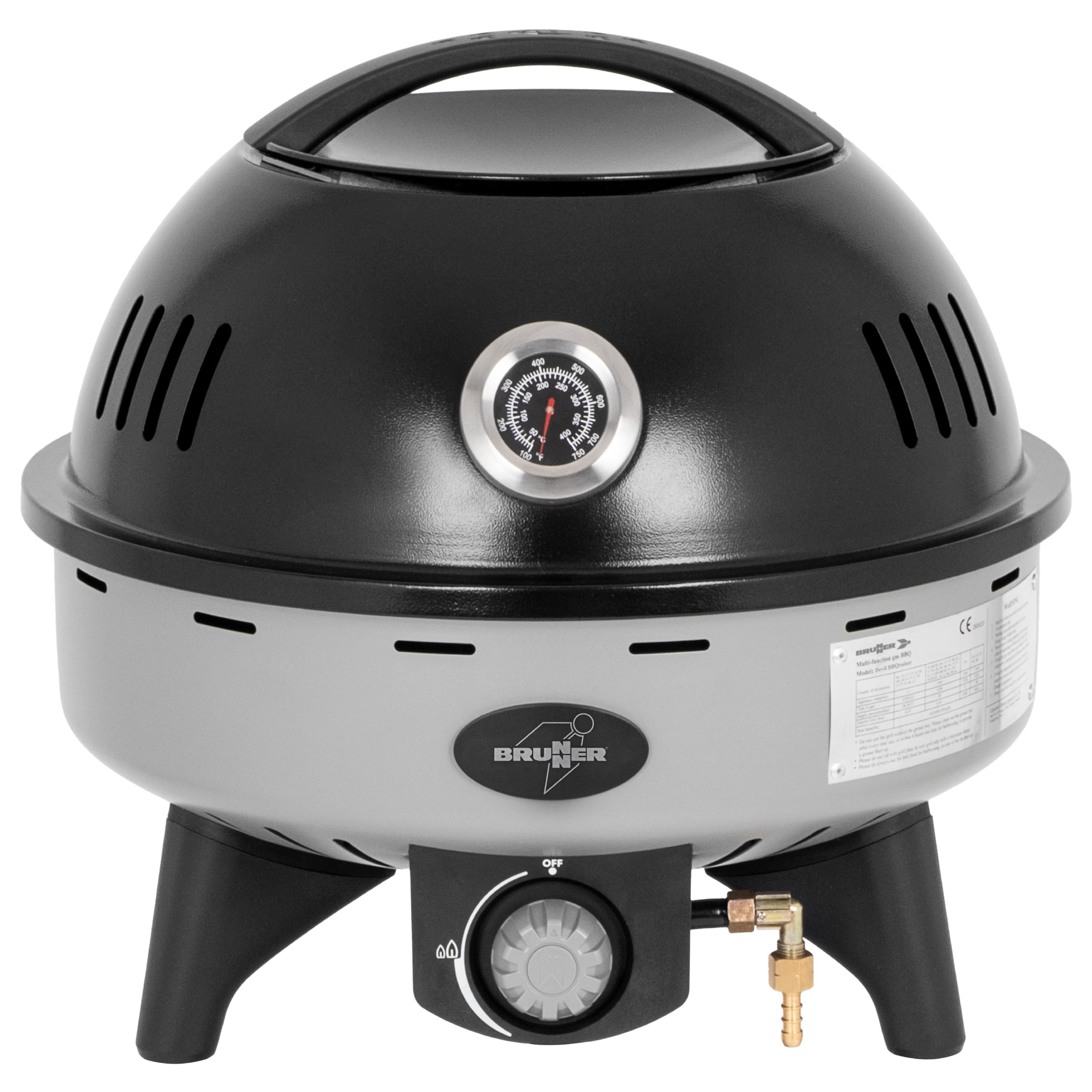 BRUNNER Grill Portatile Gas BBQRUISER LT 30mbar, Coperchio con Termometro - Accensione Piezoelettrica - Piastra Reversibile Ideale per BBQ, Carne, Pesce e Verdure