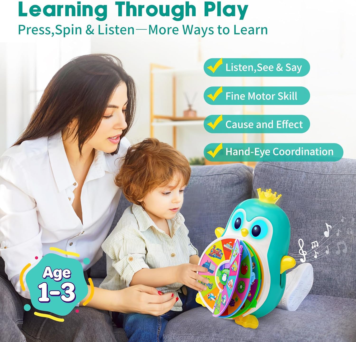 Musical Penguin Educational Toys for 1,2 Year Old Boy Gifts, Learning Toy for Toddlers 1-3 Yr with 5-Theme Pages, Lights & Music, First Birthday Gift for 1-2 Year Old 12-18 Month Age (Blue)