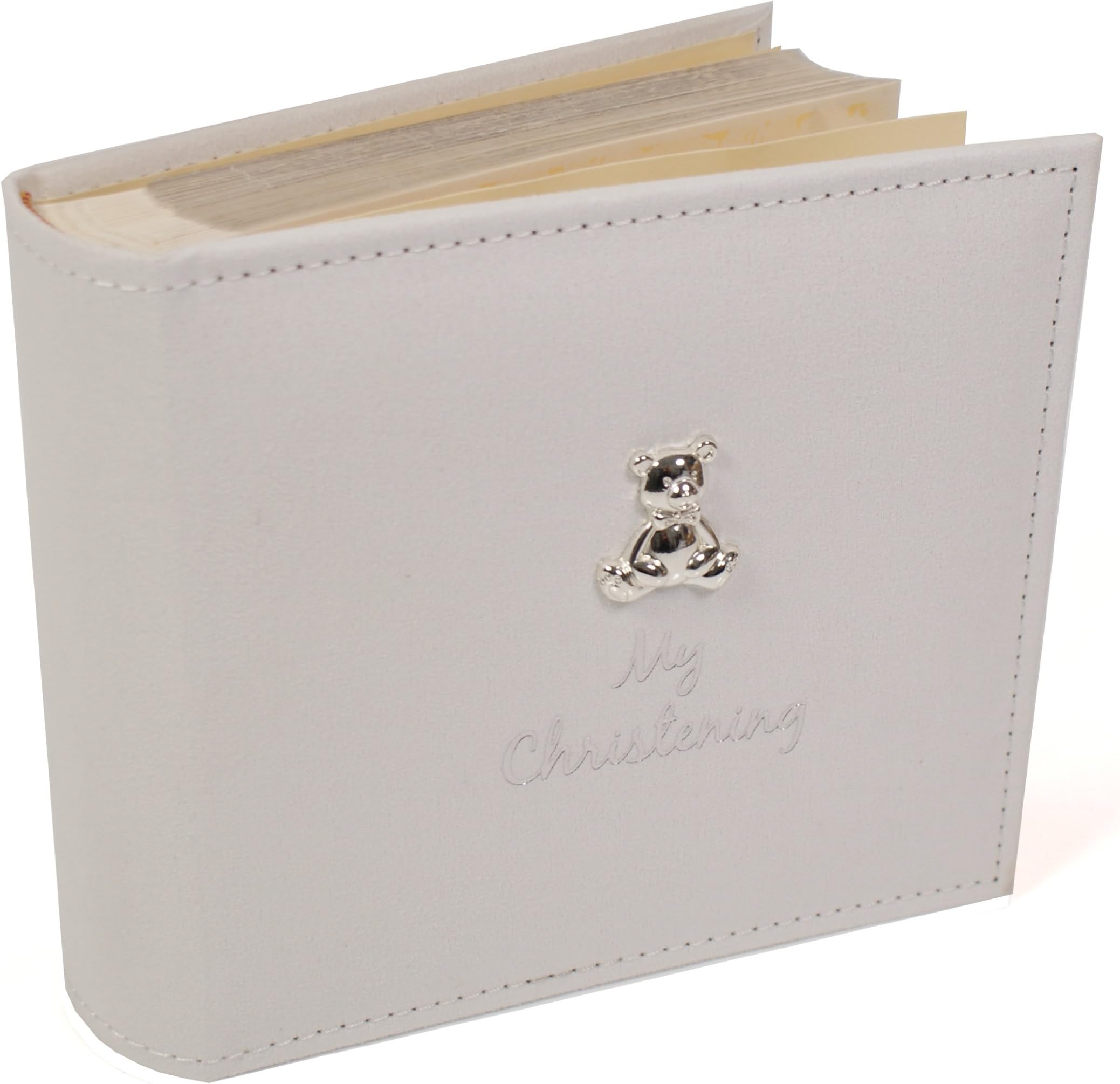 Shudehill Giftware White Suede 'My Christening' Album with Silver Teddy Motif, Photo Size 6x4