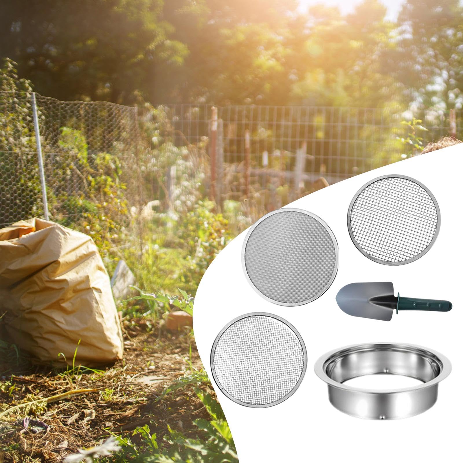 3 Piezas Criba Set de de Jardín con Bandeja de Reemplazo Mallas Resistentes y Pala para Separar Rocas Adecuado para Huertos, Pala Verde de 3 Mallas