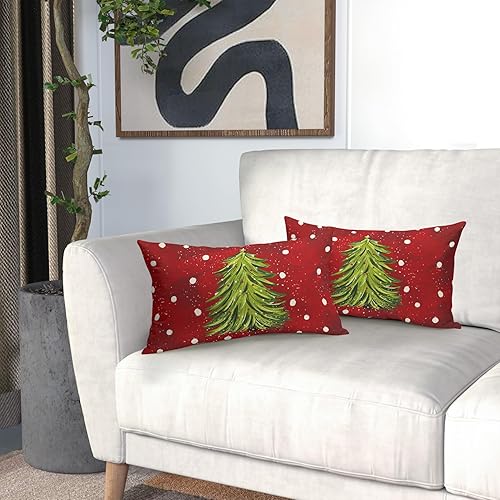 Miniatura 6 de Juego de 2 fundas de almohada lumbares rojas de Navidad de 12 x 20 pulgadas, fundas de almohada rectangulares de árbol de acuarela de Navidad,