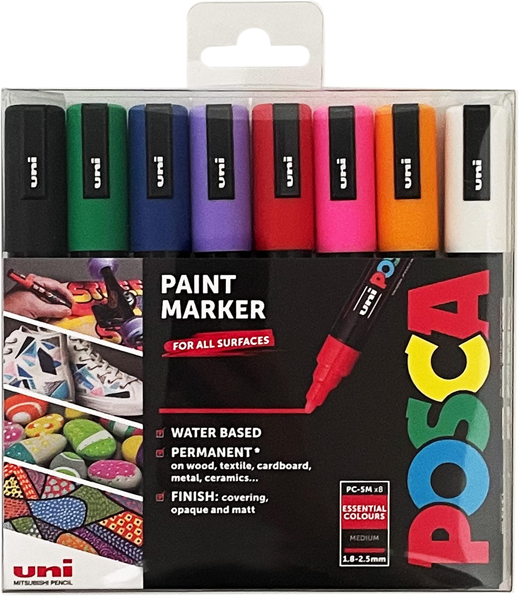Posca Pens PC-5M Medium Acrylic Coloured Permanent Paint Markers for Adults. Perfect for Colouring, Fabric, Graffiti, Watercolour, Outline Drawing, Window and Glass Art. 8 Pack