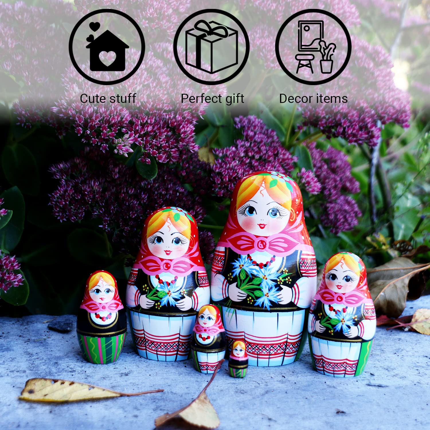 AEVVV Russian Nesting Dolls Set Of 7 - Hand-Painted Wooden Matryoshka, Folk Dress Design