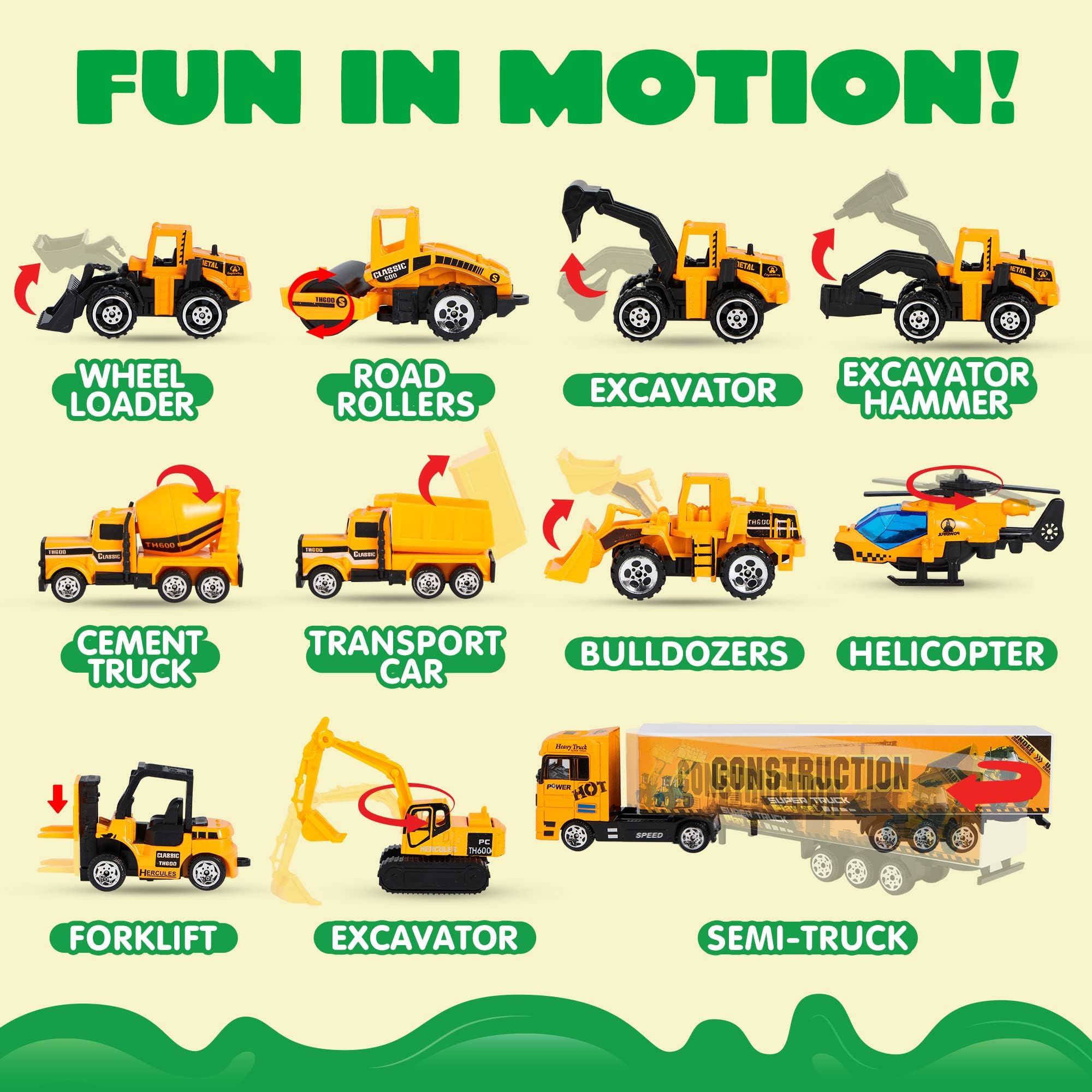 JOYIN Lot de 11 mini camions de construction moulés sous pression - Avec 8 figurines techniques - Cadeau d'anniversaire d'enfant pour garçons à partir de 3 ans