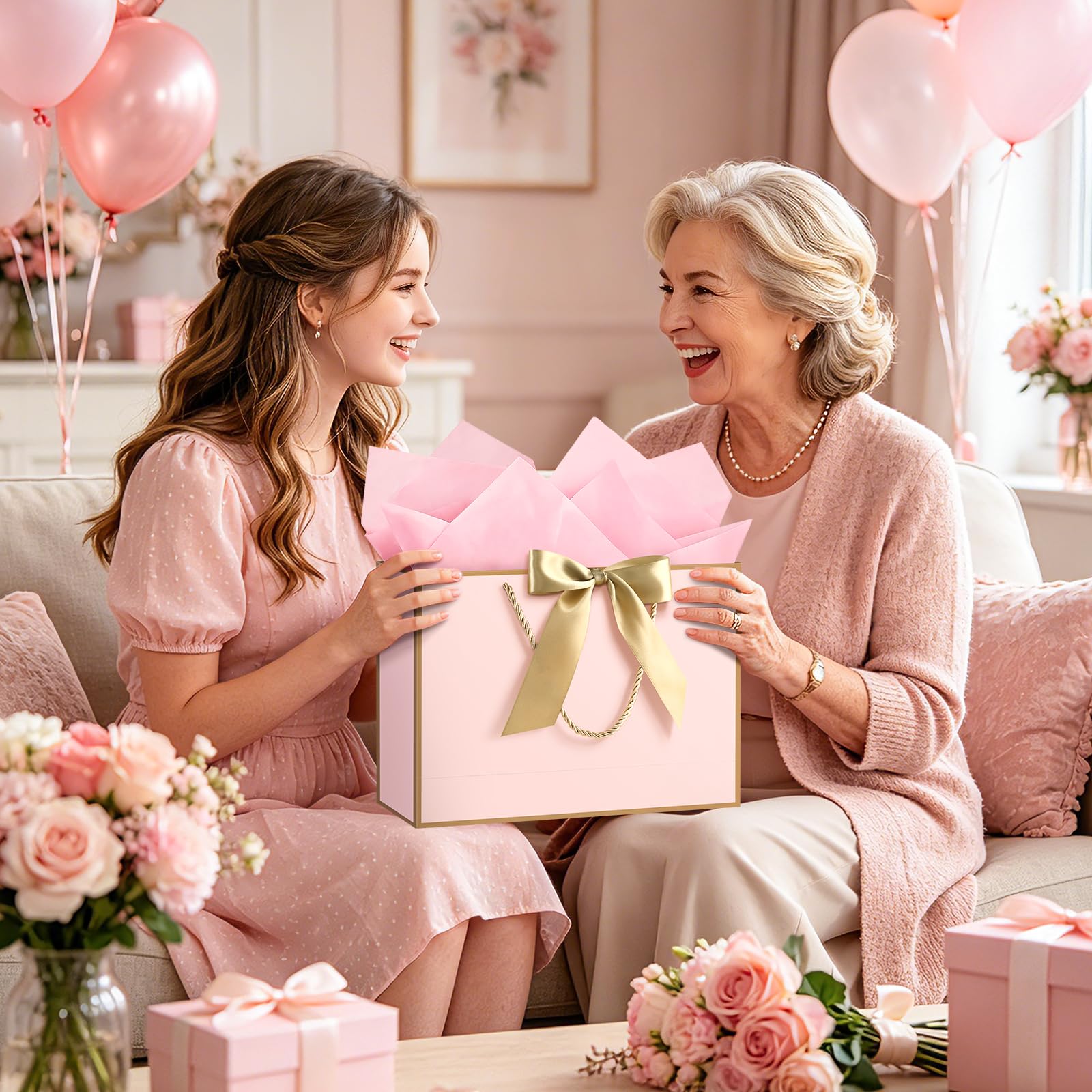 JMANNI Pink Gift Bags with Handles, 13” Medium Gift Bag for Presents, 1 Pcs Bags with 2 Tissue Paper and 1 Cards for Baby Shower Wedding Bridal Shower Mother's Day Birthday Party (Pink Golden)