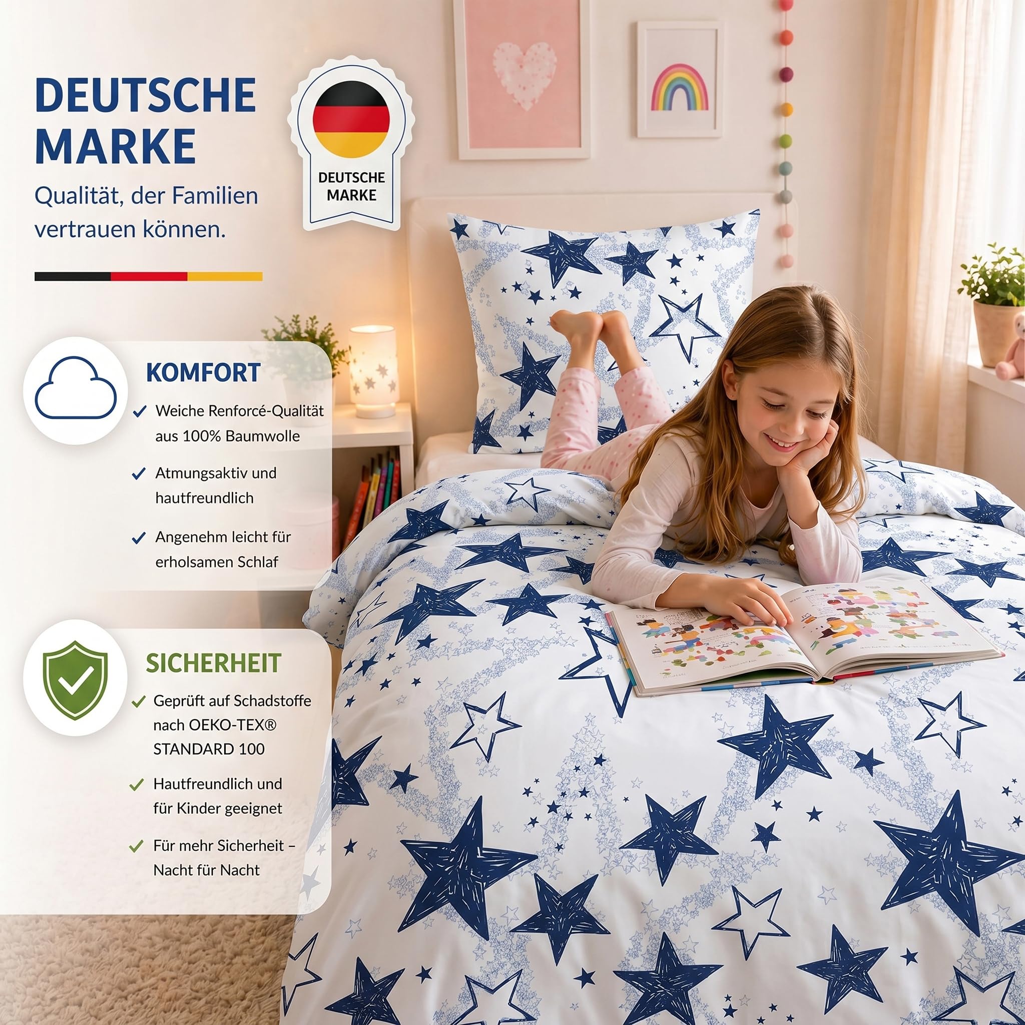 Buymax Kinderbettwäsche 135x200 cm – Sterne Dunkelblau, 100% Baumwolle Renforcé, 1x Bettbezug 135x200 cm & 1x Kissenbezug 80x80 cm, Oeko-TEX Standard 100, weich & atmungsaktiv, mit Reißverschluss