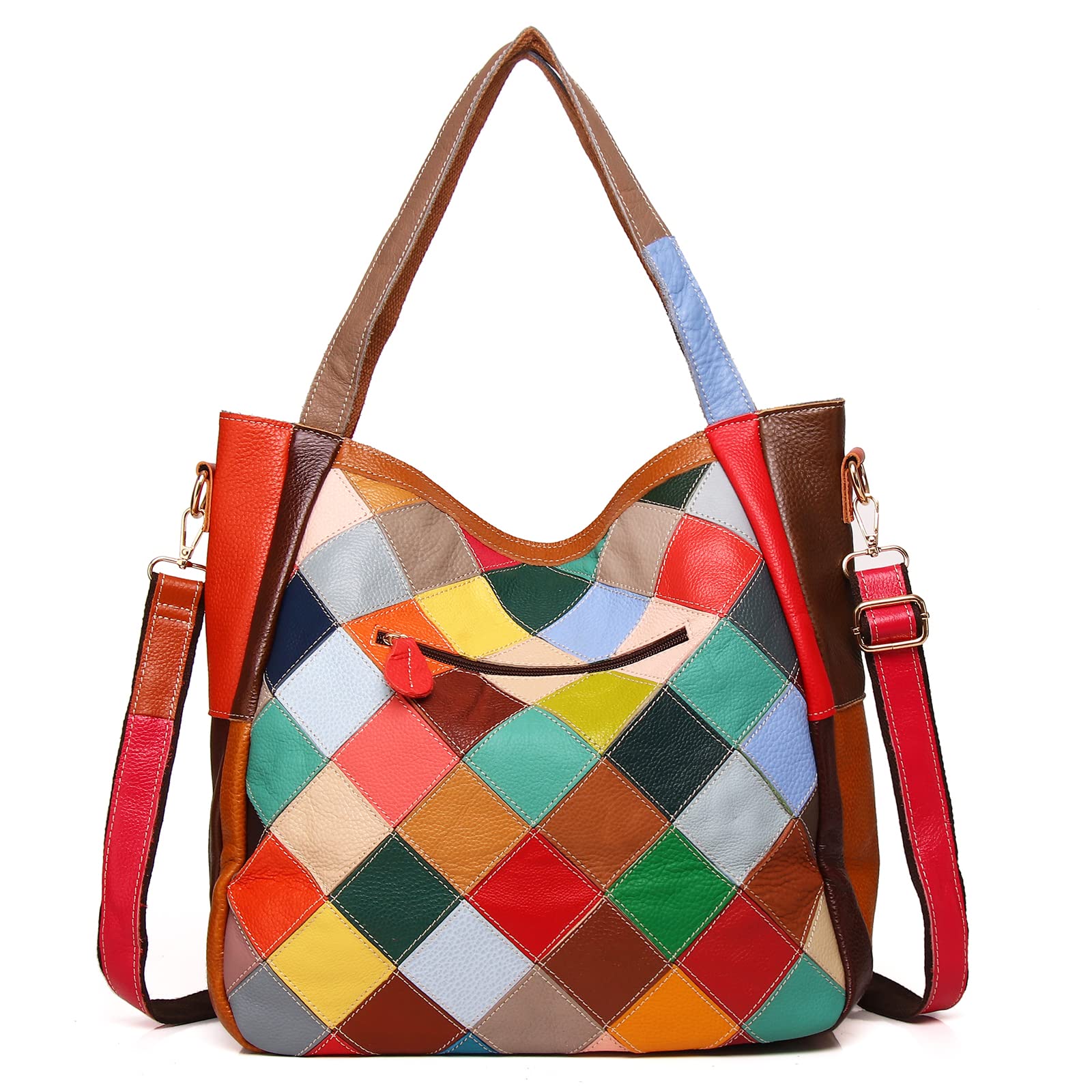 Bolso de mano multicolor para mujer, de cuero auténtico, con empalme de palabras, a la moda, colorido patchwork
