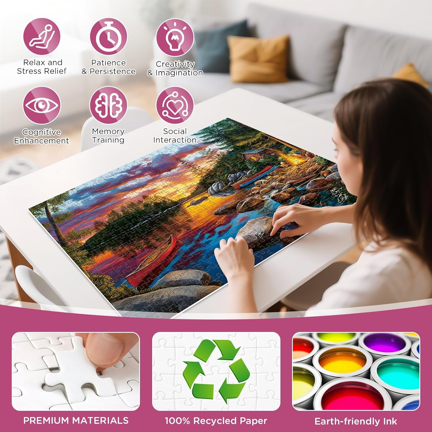 500 Pieces Puzzle for Adults, Sunset Lake Cabin Puzzle, Nature Landscape Boat Jigsaw Puzzles 500 Piece for Teens Adults Seniors, Fun Challenging Family Game Birthday Party Gift 20.5 * 15in