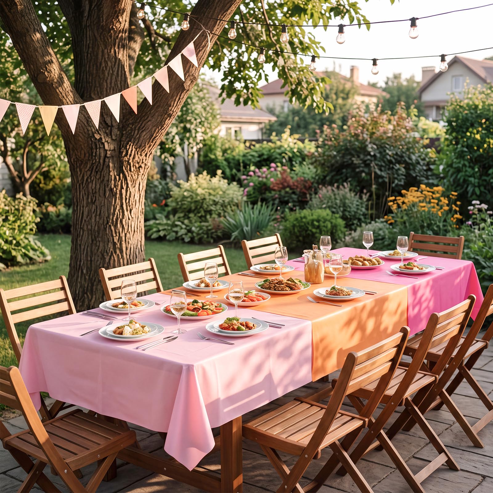 Blulu 3 rotoli da 101,6 x 30,5 m, tovaglie in plastica usa e getta per feste al tramonto rosa e arancione, copertura per tavolo fai da te, decorazione per matrimoni, compleanni, battesimi, tende