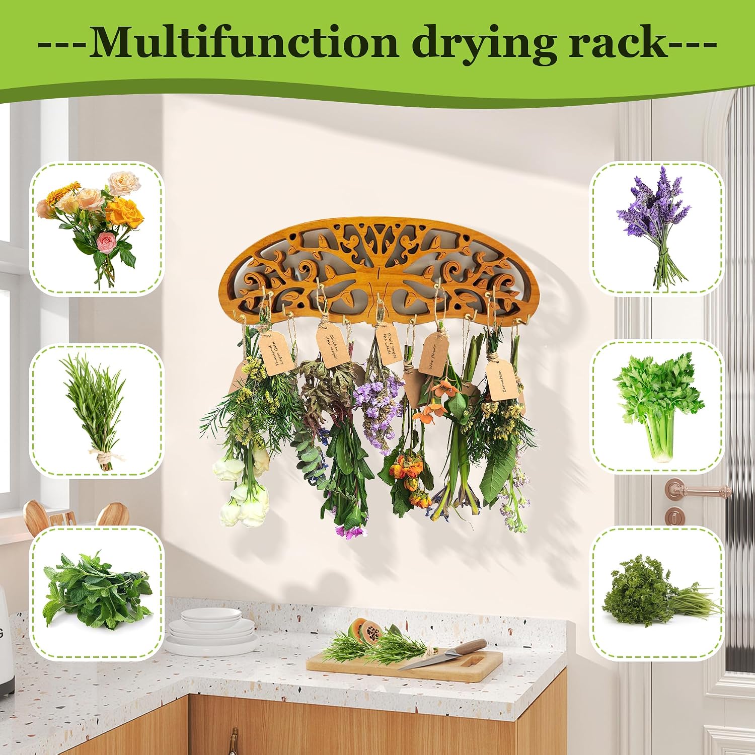 Rustic Herb Drying Rack Hanging,Wooden Tree of Life Dried Herb Flowers Rack Wall Art,Home Kitchen Witch Decor Wall Flowers Grass Gift,with 11 Hooks and 25 Gift Cards & 40 Inch Twine image 2