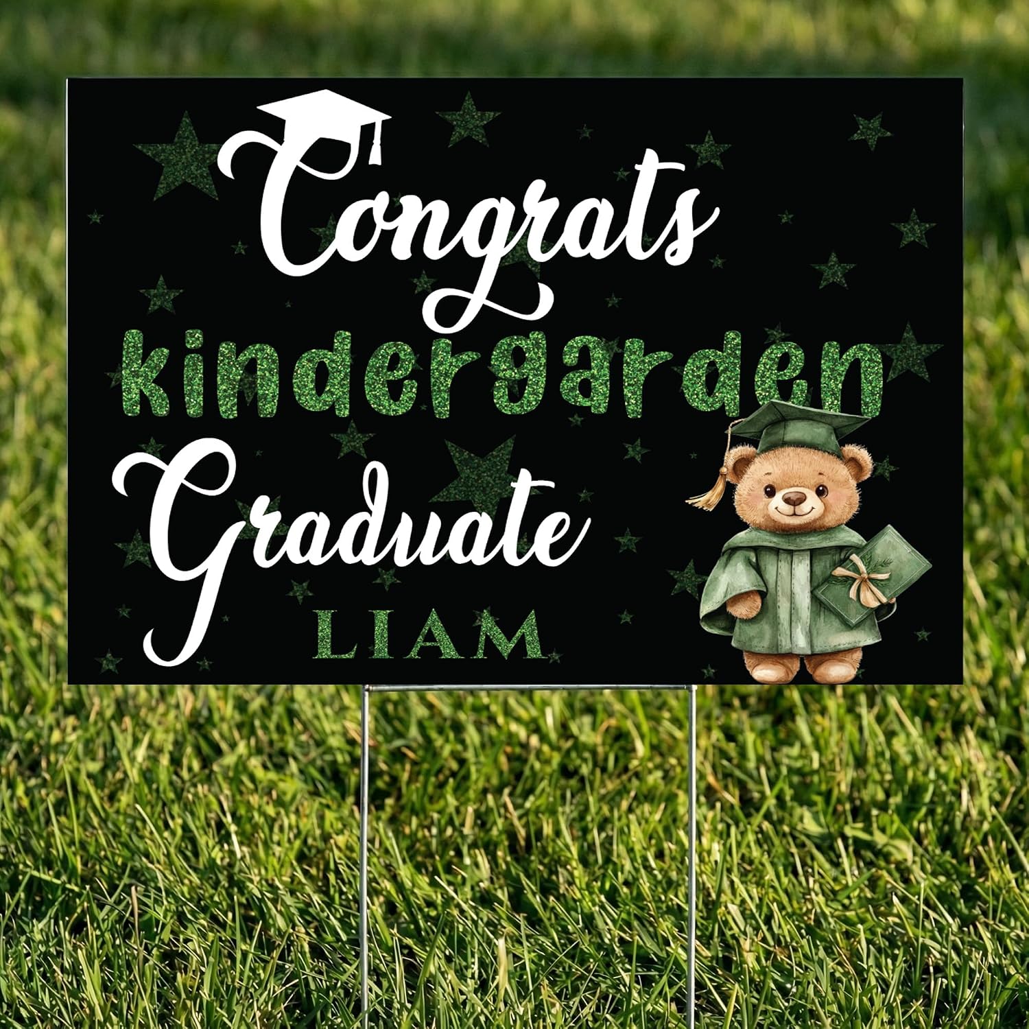 Custom Kindergarten Graduation Yard Sign - Personalized Name Cute Teddy Bear & Purple Glitter Stars Design - Pre-K & Preschool Grad Lawn Decor - Weatherproof with H-Stake