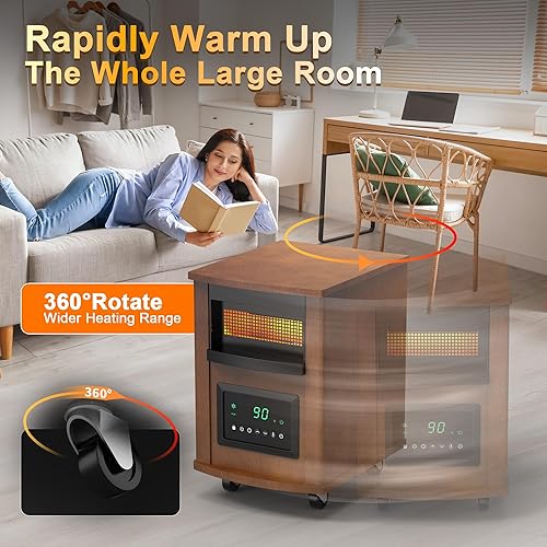 Miniatura 6 de Calentador infrarrojo RealSmart Space de 1500 W para uso en interiores, calentador eléctrico de cuarzo para habitación grande con ruedas de control