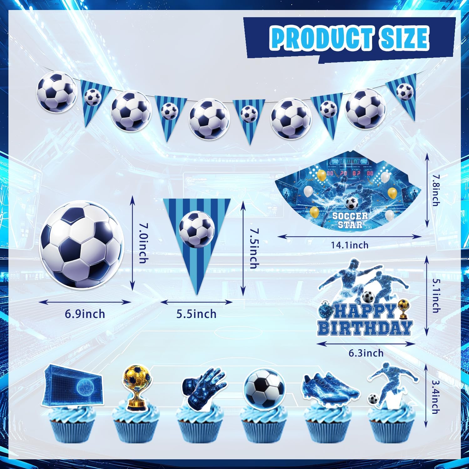 Soccer Party Decorations for Boys, 173Pcs Blue Soccer Ball Bday Party Decor Supplies for Kids - Backdrop, Banner, Tablecloths, Centerpieces, Hanging Swirls, Stickers, Wall Signs