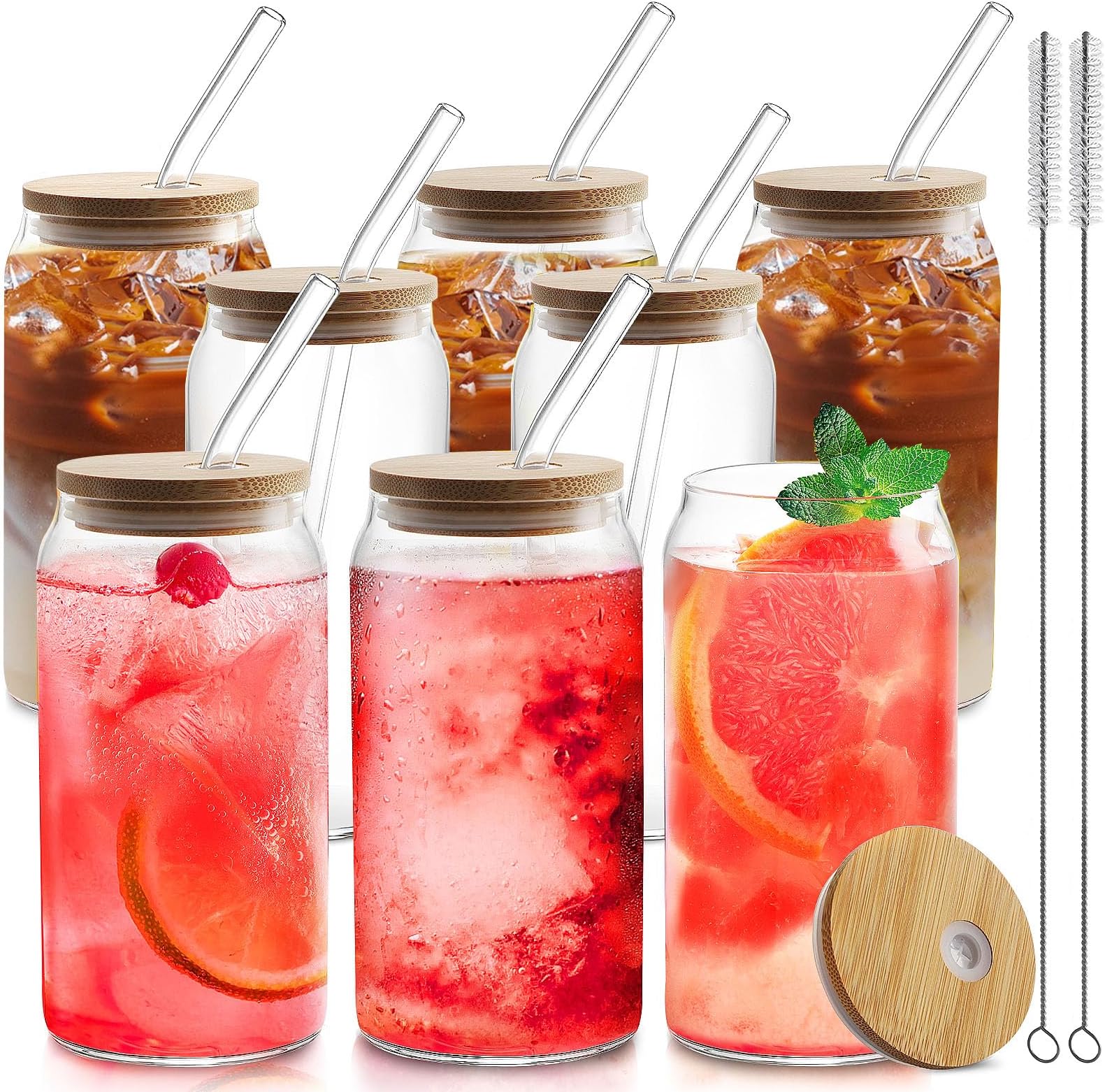 HOMBERKING Glass Cups with Bamboo Lids and Straws 8pcs Set, 20oz Cups, Beer Glasses, Iced Coffee Cups, Cute Tumbler with 2 Cleaning Brushes, Ideal for Cocktail, Whiskey, Tea, Gift